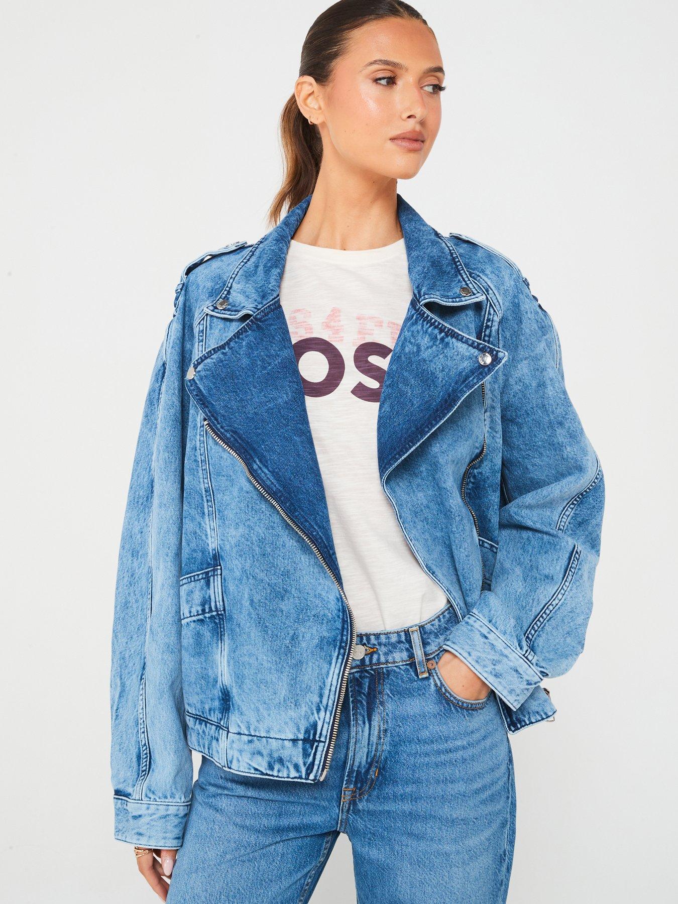 Denim biker jacket ladies best sale