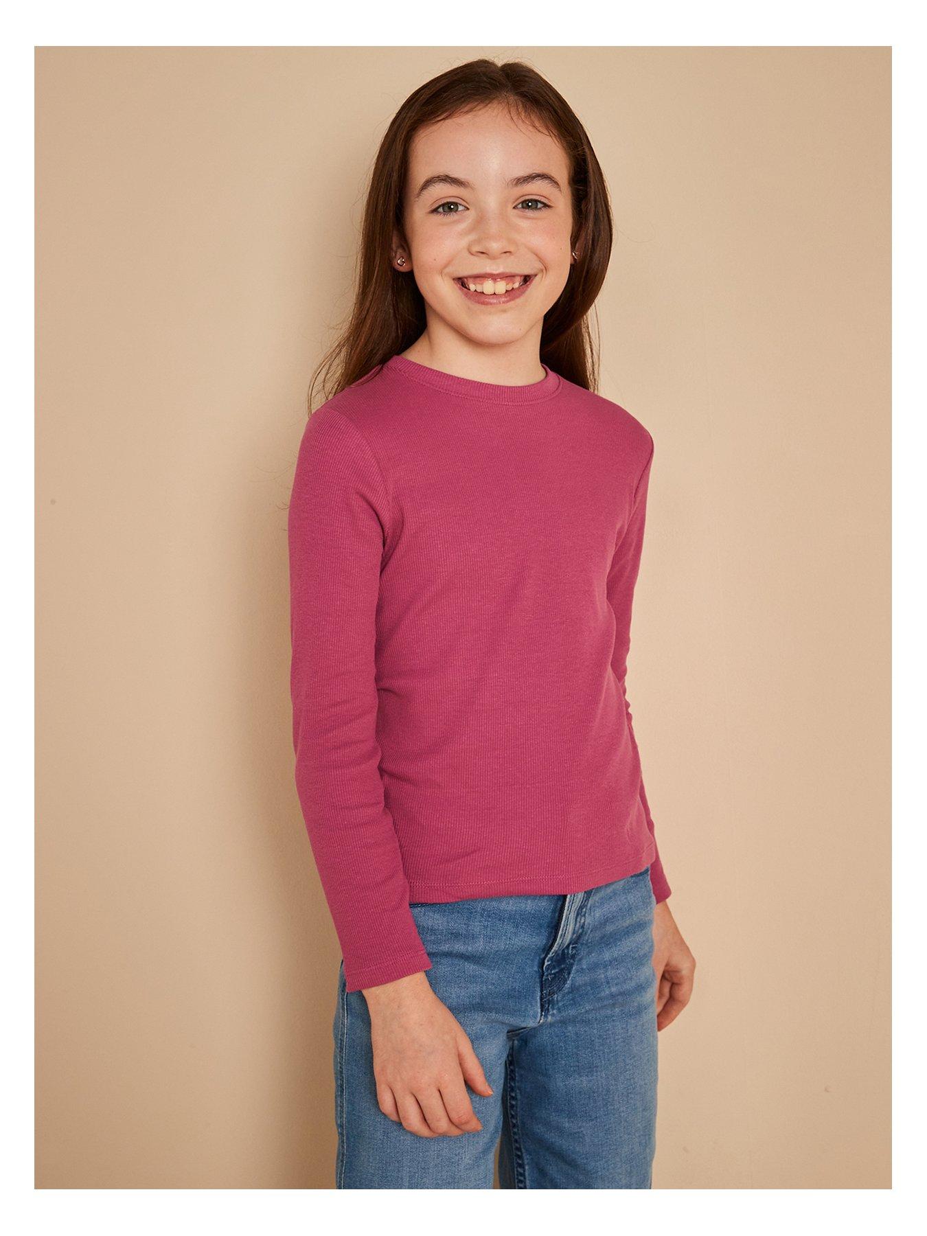 undefined Girls Long Sleeve Ribbed Single T-Shirt - Pink