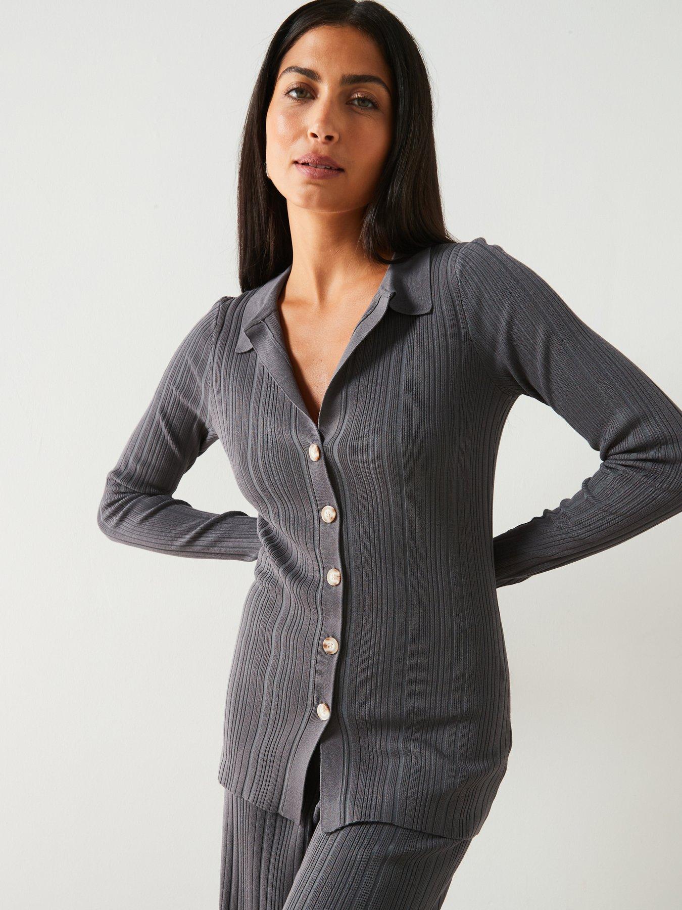 undefined Knitted Button Through Shirt Co-ord - Grey