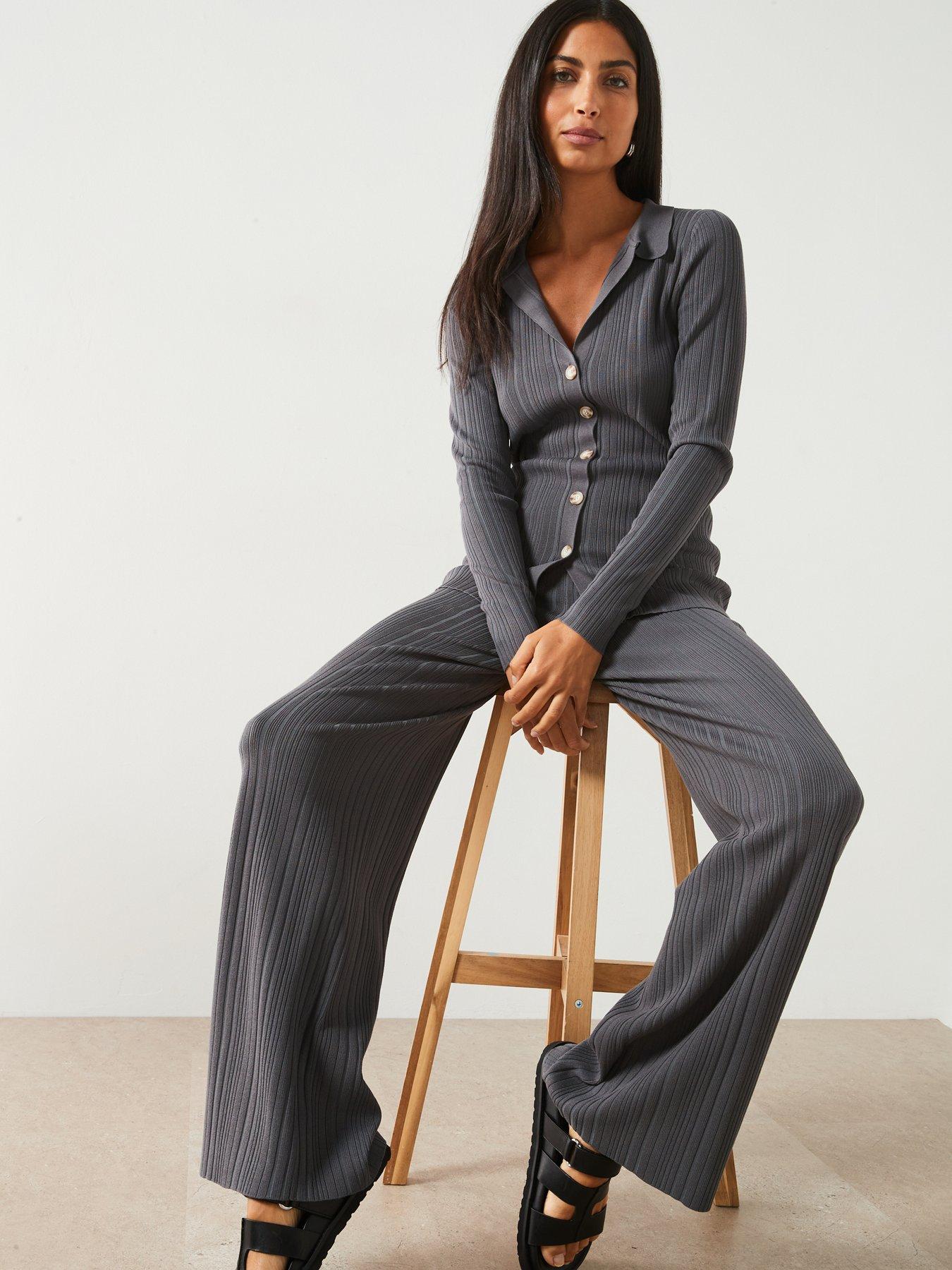 V by Very Wide Leg Knitted Trouser Co-ord Grey Very