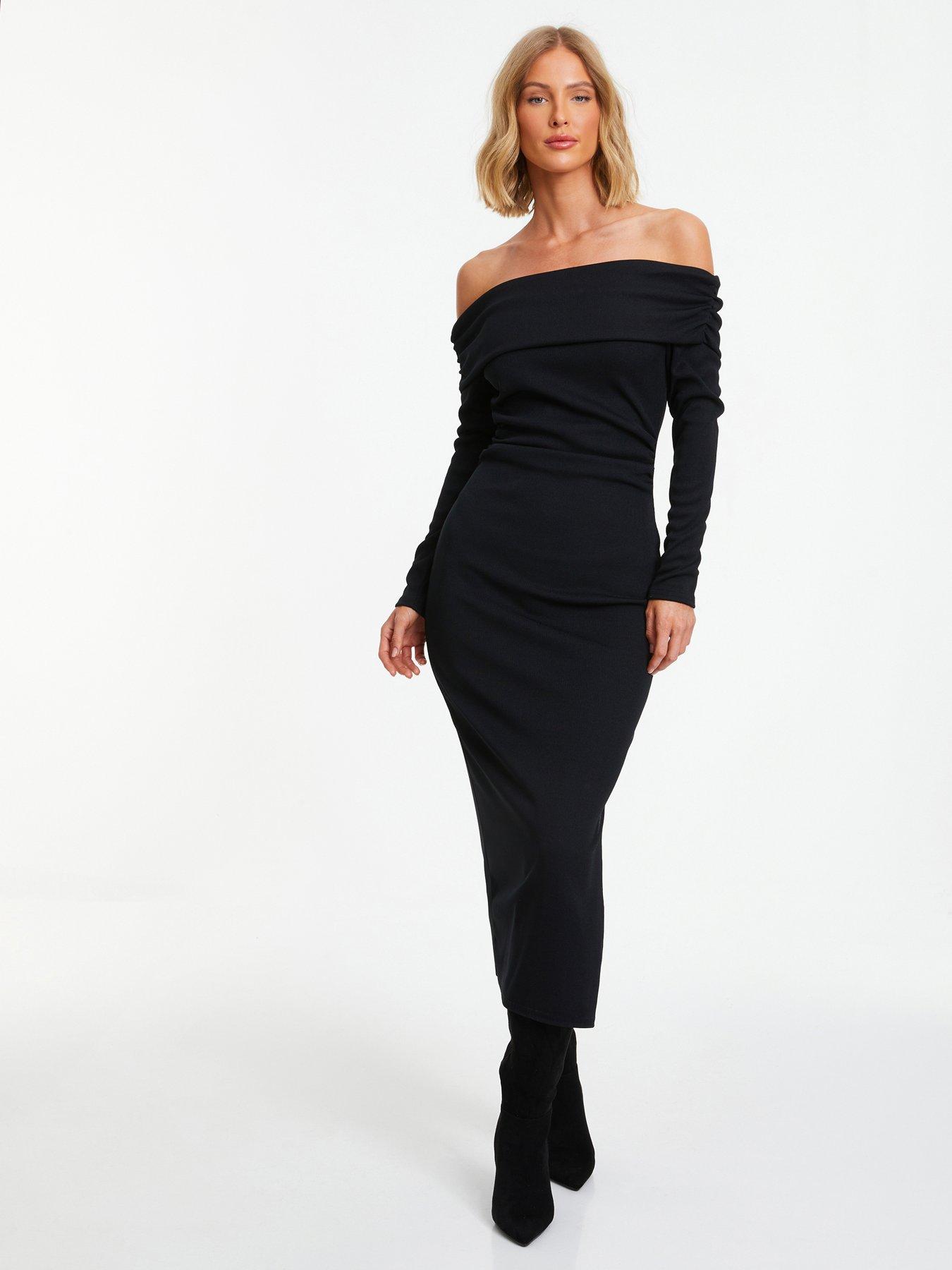 Quiz Ribbed Bardot Bodycon Midi Dress Black Very