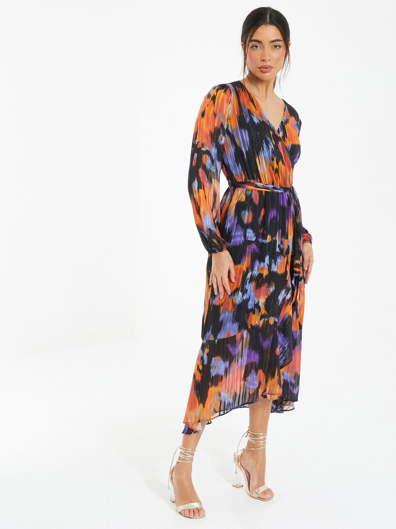 Quiz Black Smudge Print Chiffon Wrap Midi Dress