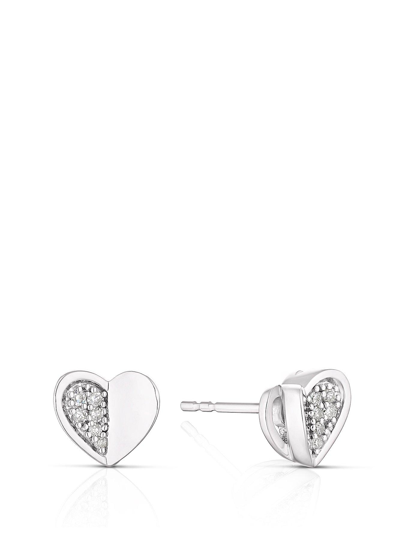 Ernest Jones Sterling Silver 0.06ct Diamond Half Set Heart Stud Earrings Very