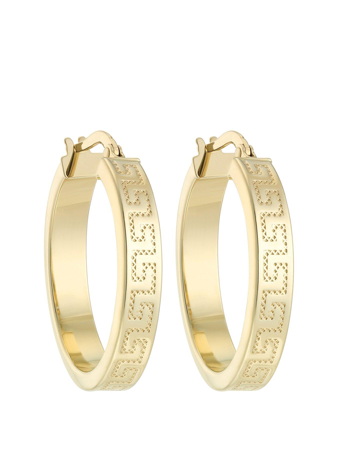 Product photograph of Ernest Jones 9ct Yellow Gold Greek Key Hoop Earrings from very.co.uk