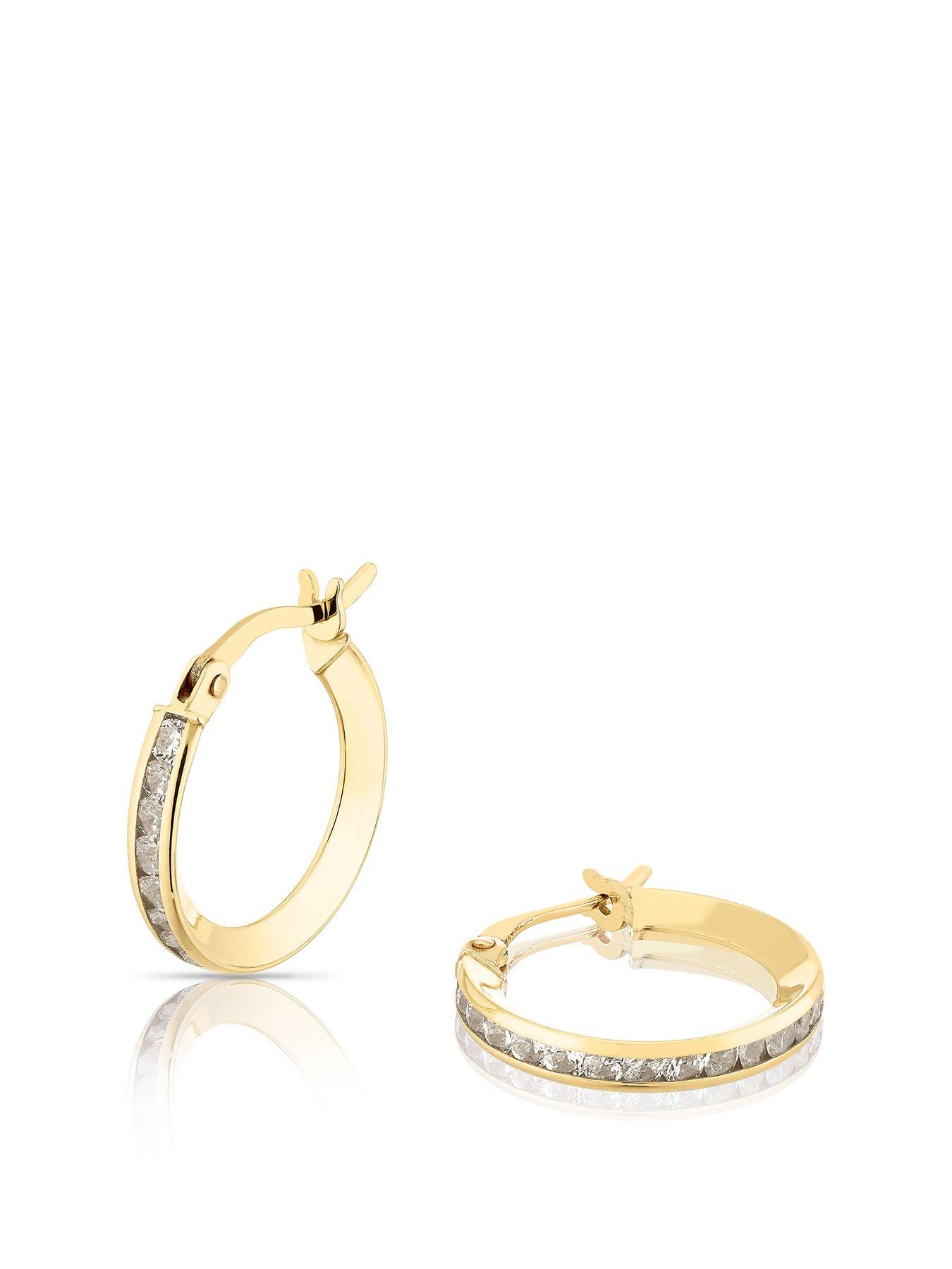 Ernest Jones 9ct Yellow Gold Earrings. Cubic Zirconia Channel Set Hoop Earrings