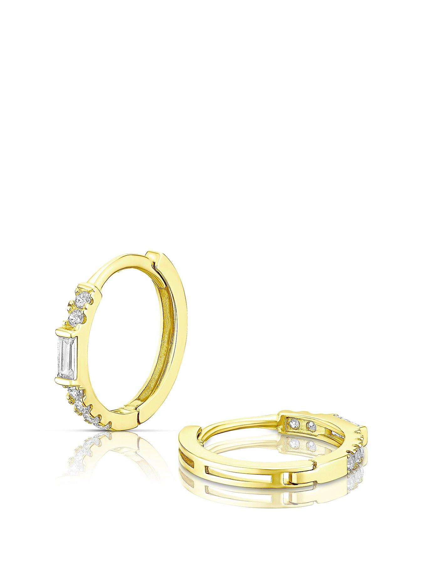 Product photograph of Ernest Jones 9ct Yellow Gold Round Baguette Cubic Zirconia Huggie Hoop Earrings from very.co.uk