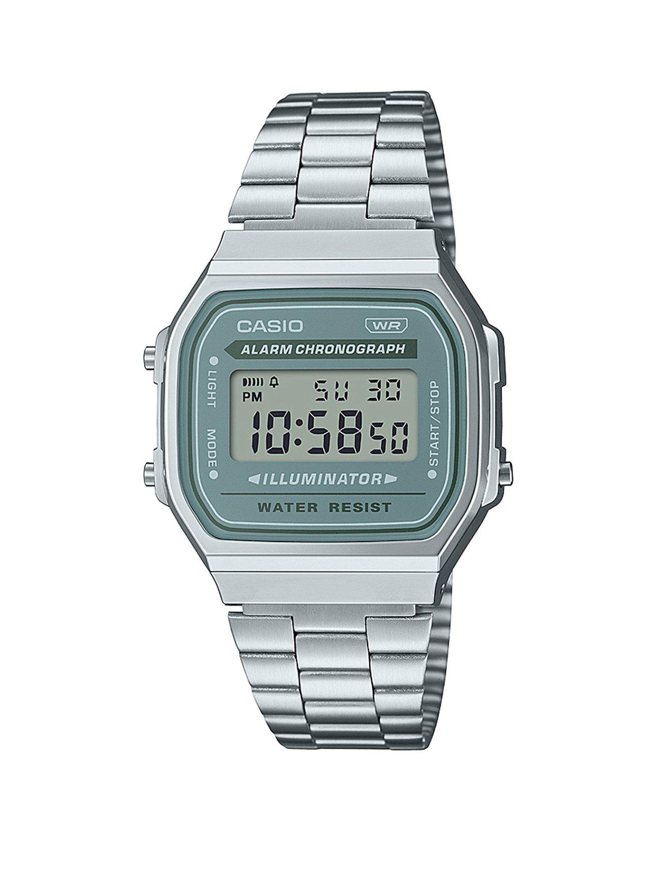 Product photograph of Casio A168wa-3ayes Stainless Steel Bracelet Watch from very.co.uk