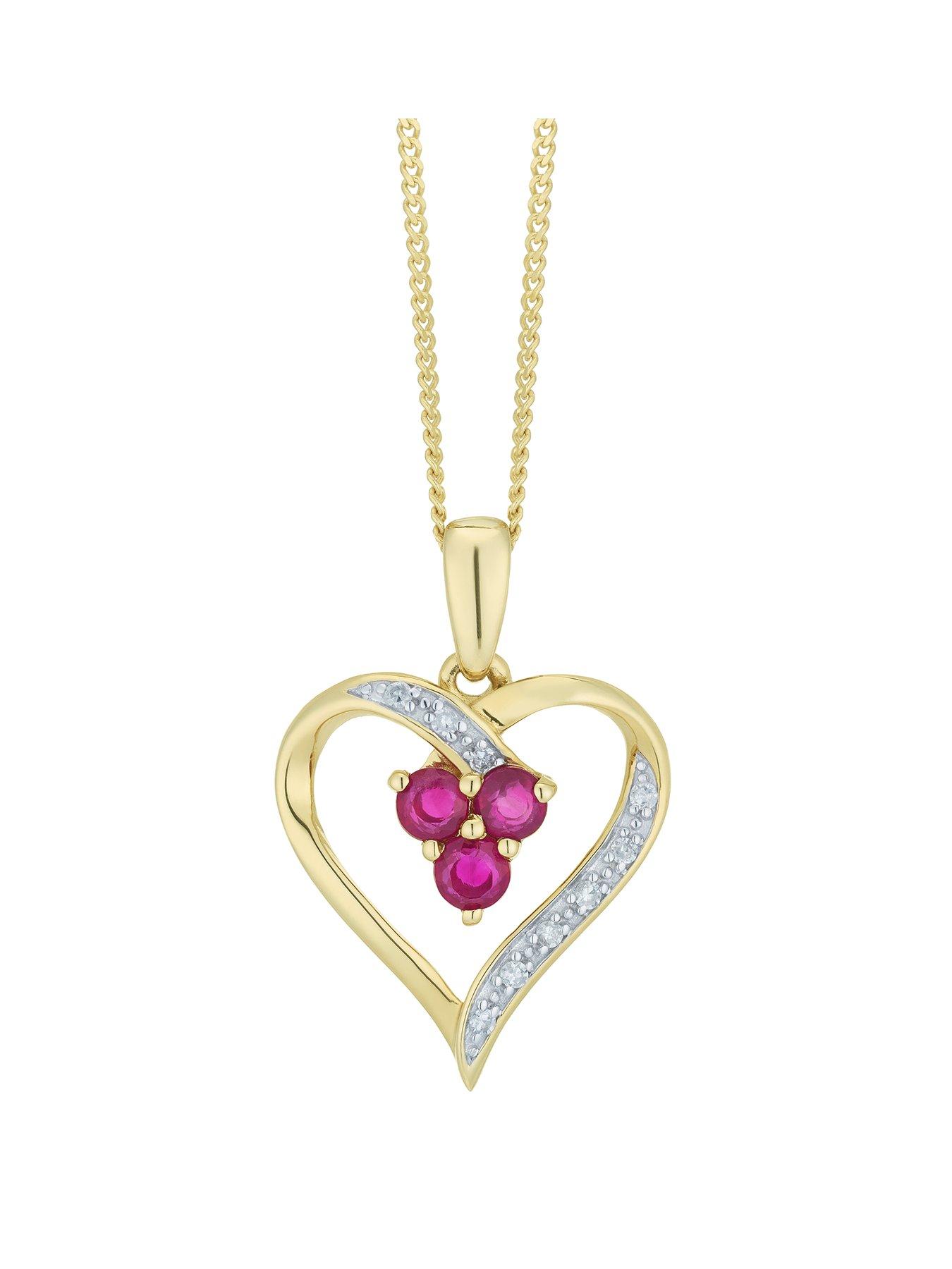 Product photograph of Ernest Jones 9ct Yellow Gold Ruby Diamond Heart Pendant from very.co.uk