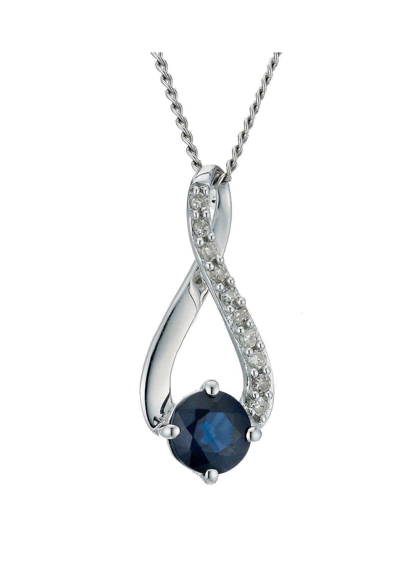 undefined 9ct White Gold Necklace. Sapphire  &  Diamond Crossover Pendant