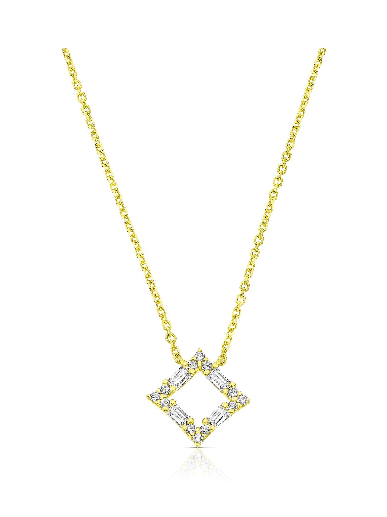 Product photograph of Ernest Jones 9ct Yellow Gold Round Baguette Cubic Zirconia Open Square Necklace from very.co.uk