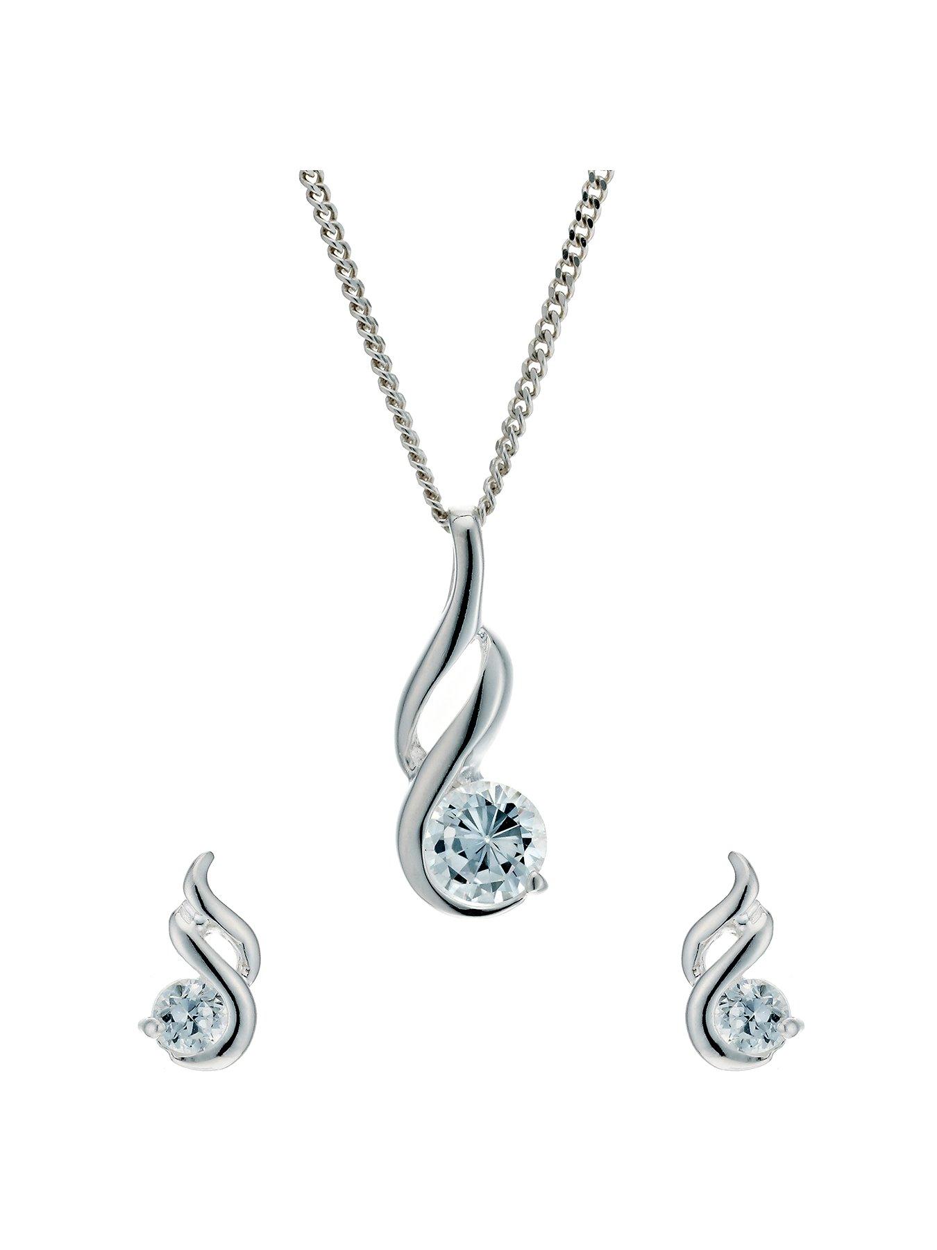Ernest Jones Sterling Silver Necklace. Cubic Zirconia Earrings  &  Pendant Set