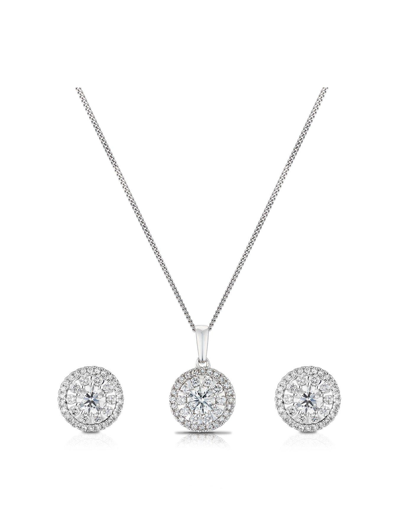 Ernest Jones 9ct White Gold Necklace. Diamond Earrings  &  Pendant Set