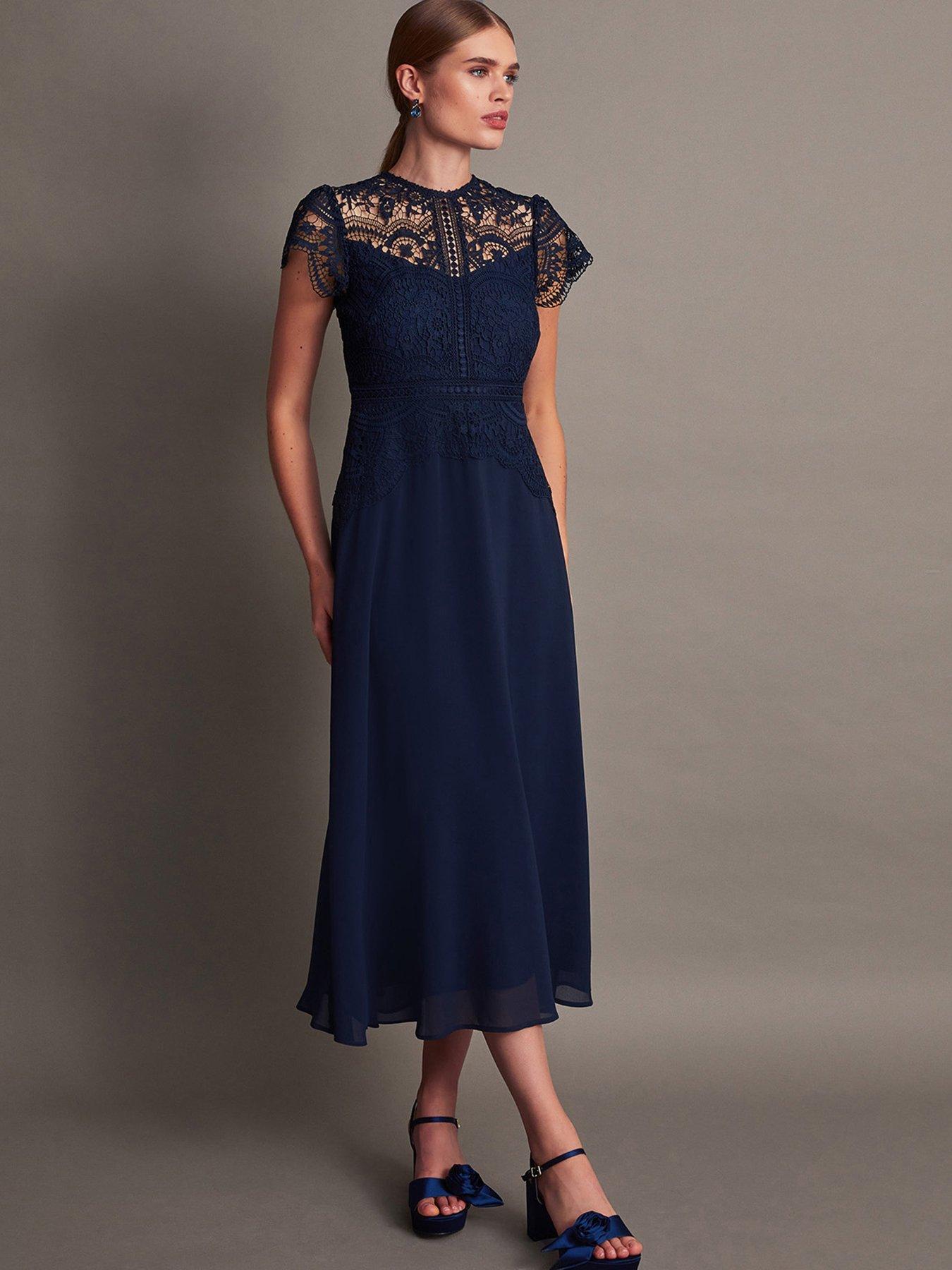 Puff Sleeve Premium Lace Midi Dress in Blue – Chi Chi London