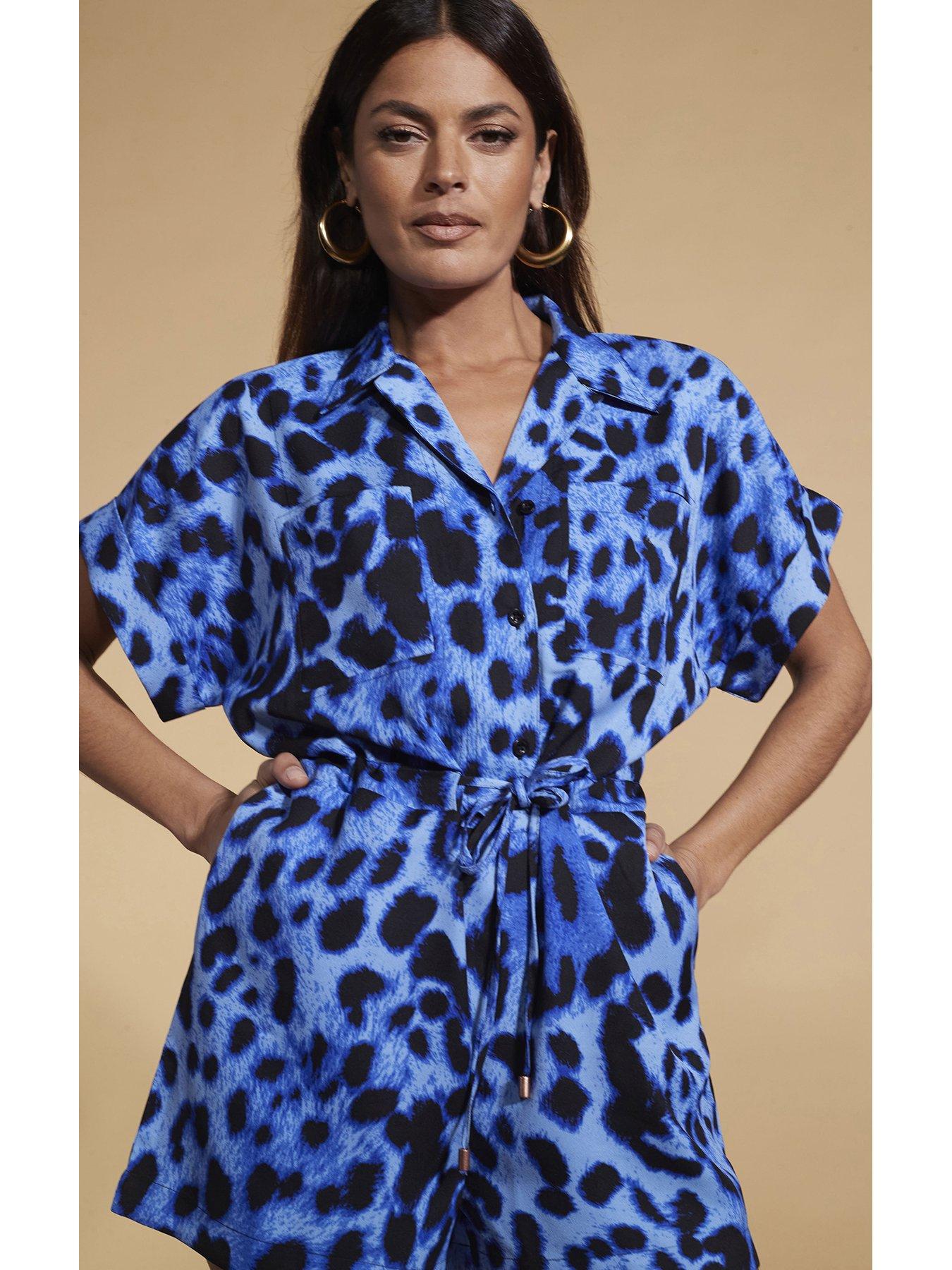 Leopard Print Cotton Playsuit with Kimono Sleeves Blue