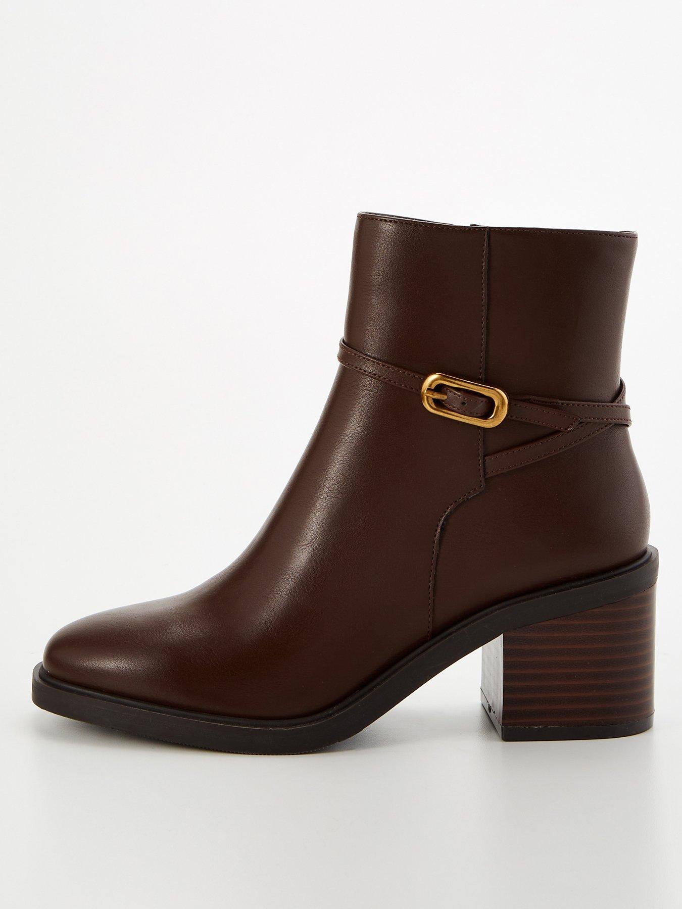 Wide Fit Block Heel Ankle Boot With Zip Brown