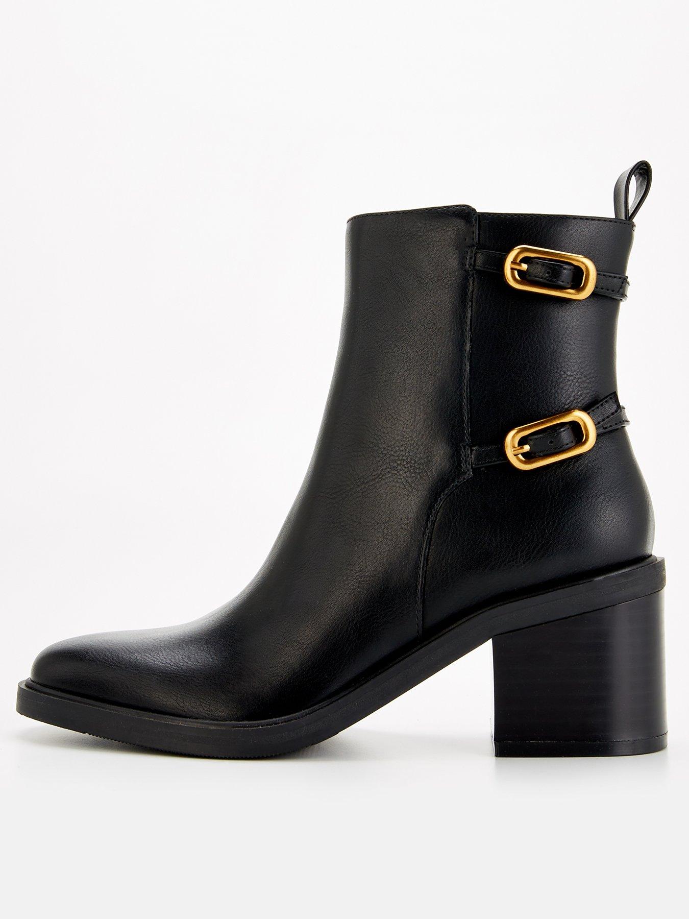 undefined Double Buckle Block Heel Ankle Boot - Black