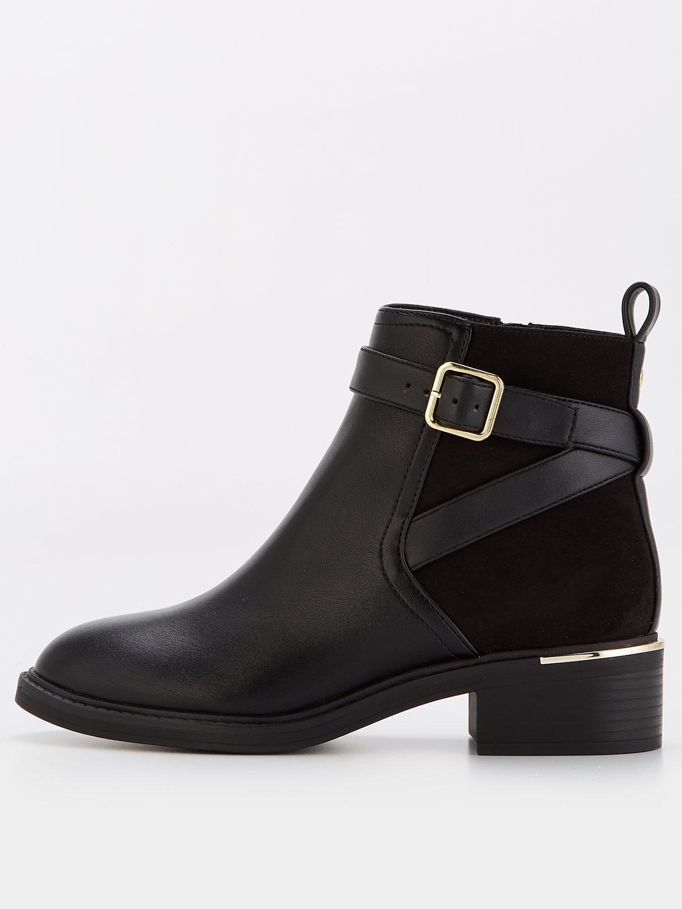 Buckle Strap Flat Ankle Boot Black