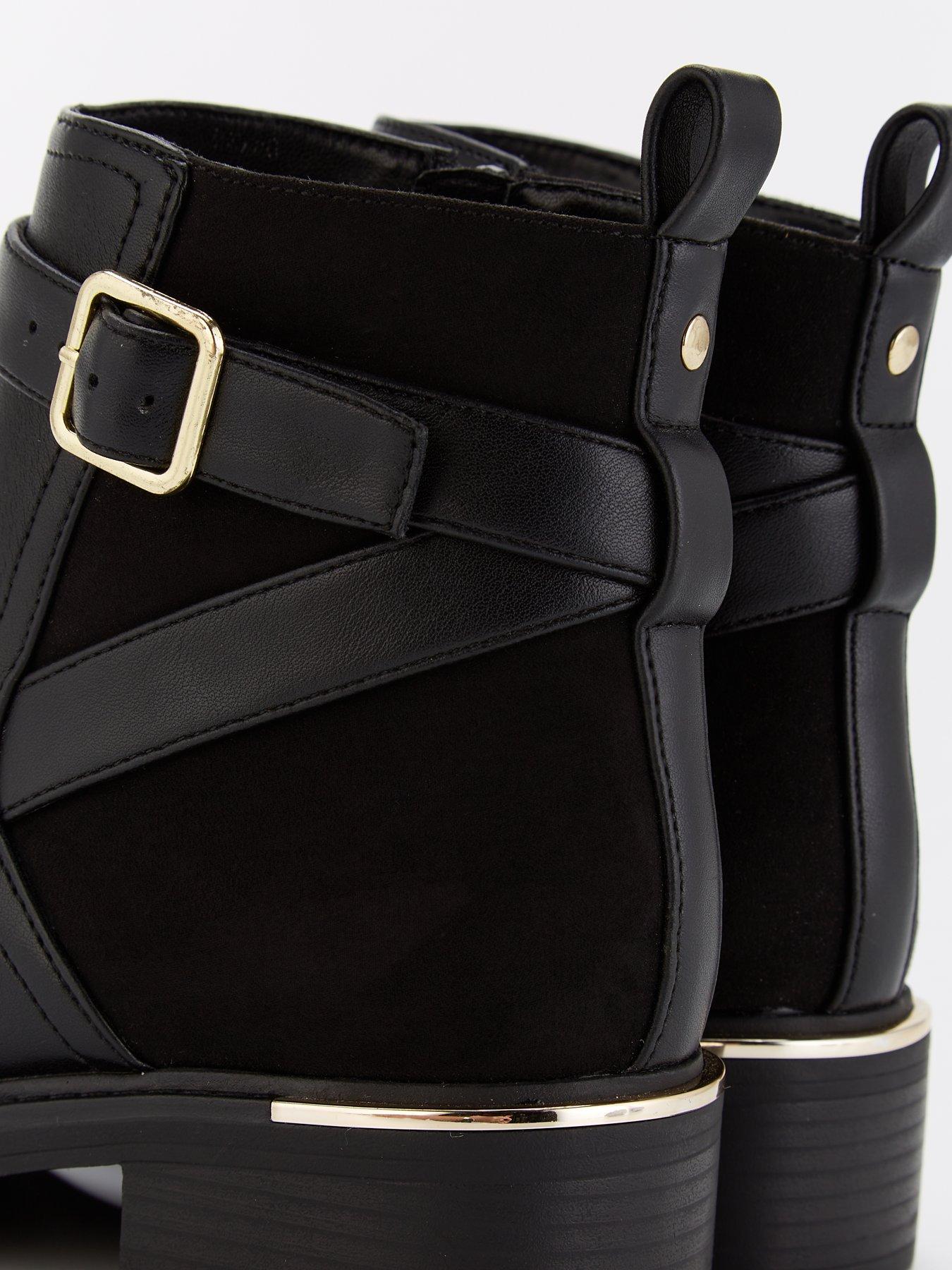 Buckle Strap Flat Ankle Boot Black