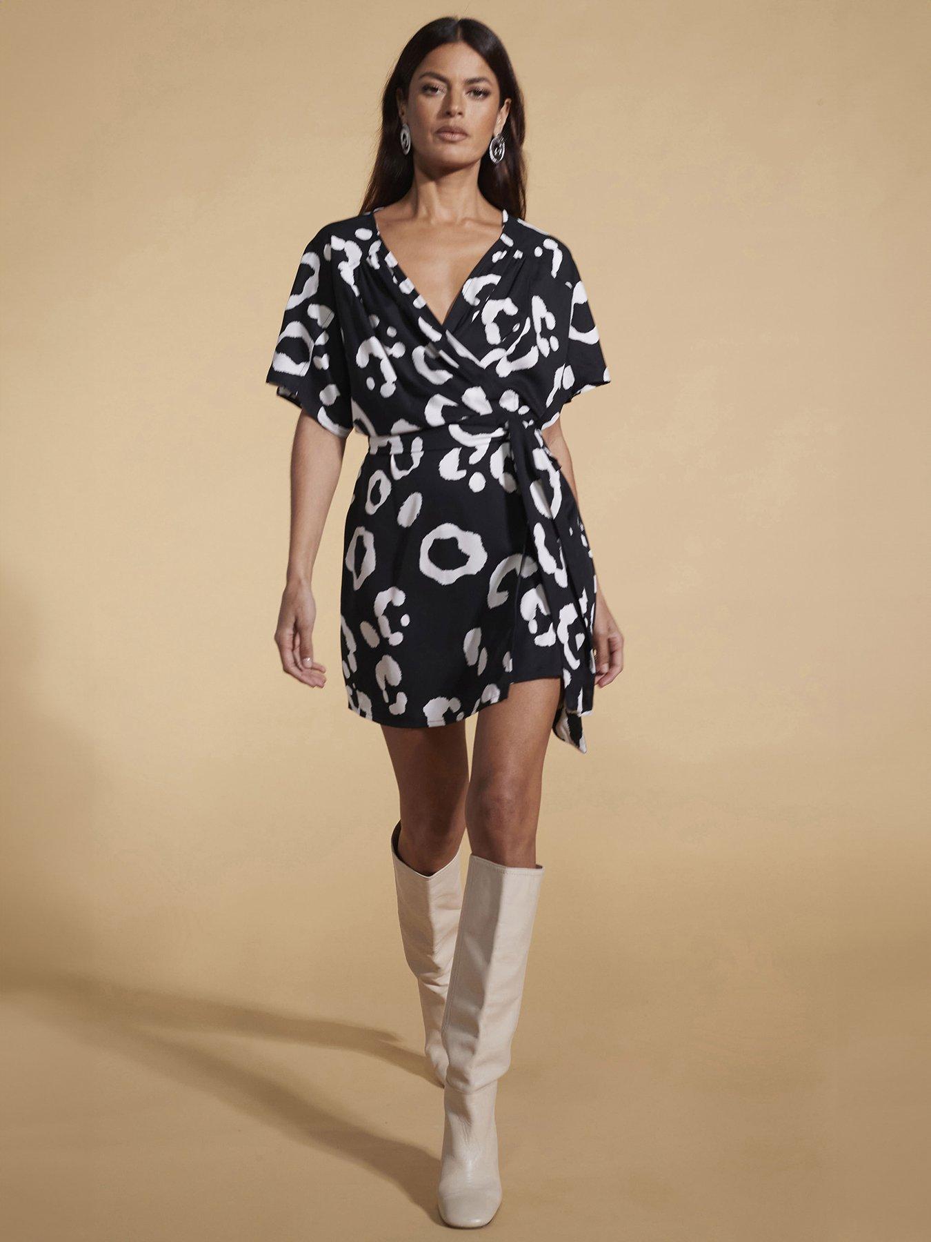 undefined Kansas Black Leopard Mini Wrap Dress
