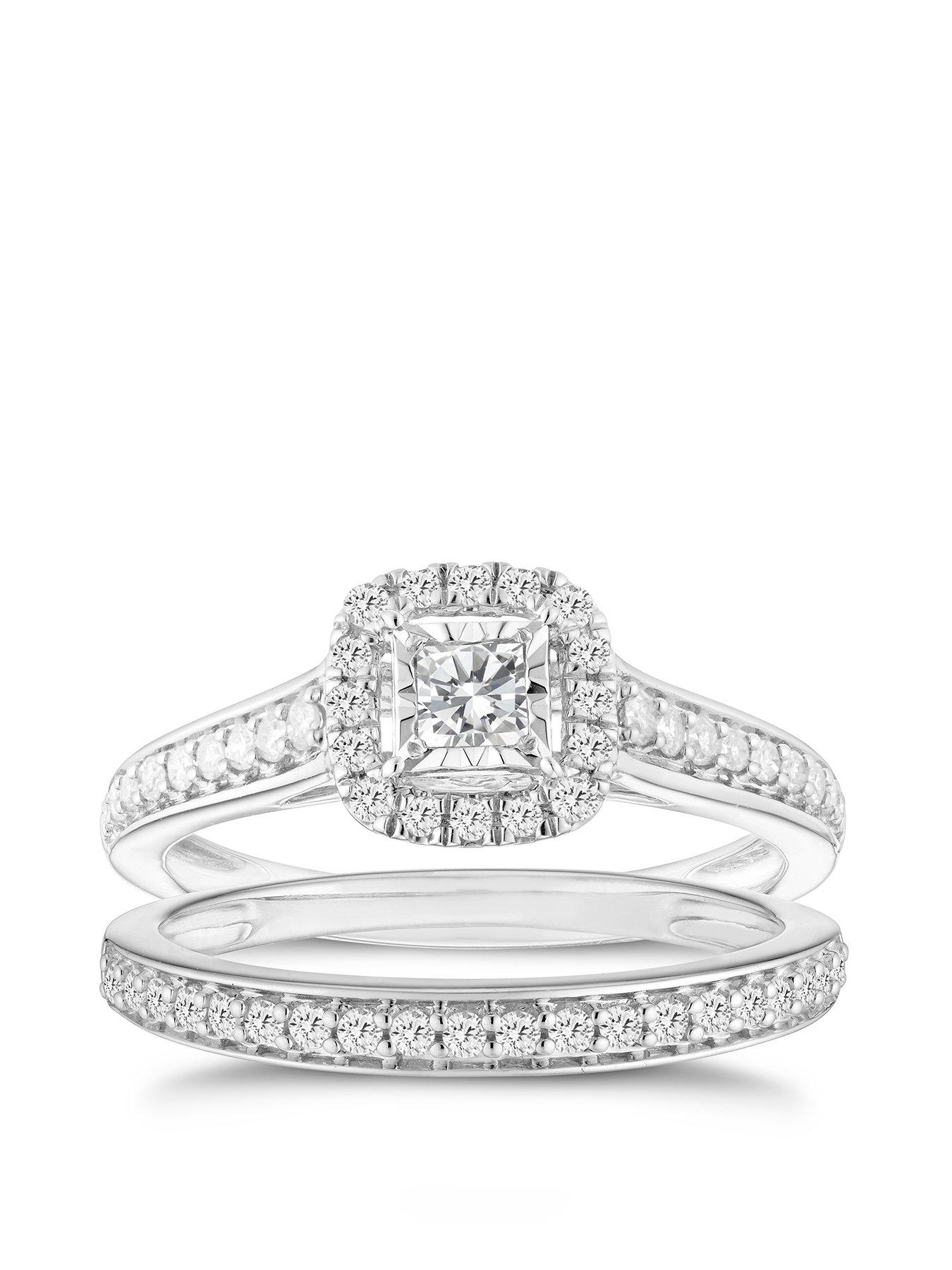 Ernest Jones 9ct White Gold Wedding  &  Engagement Ring Set. 0.50ct Diamond Cushion Halo Bridal Set