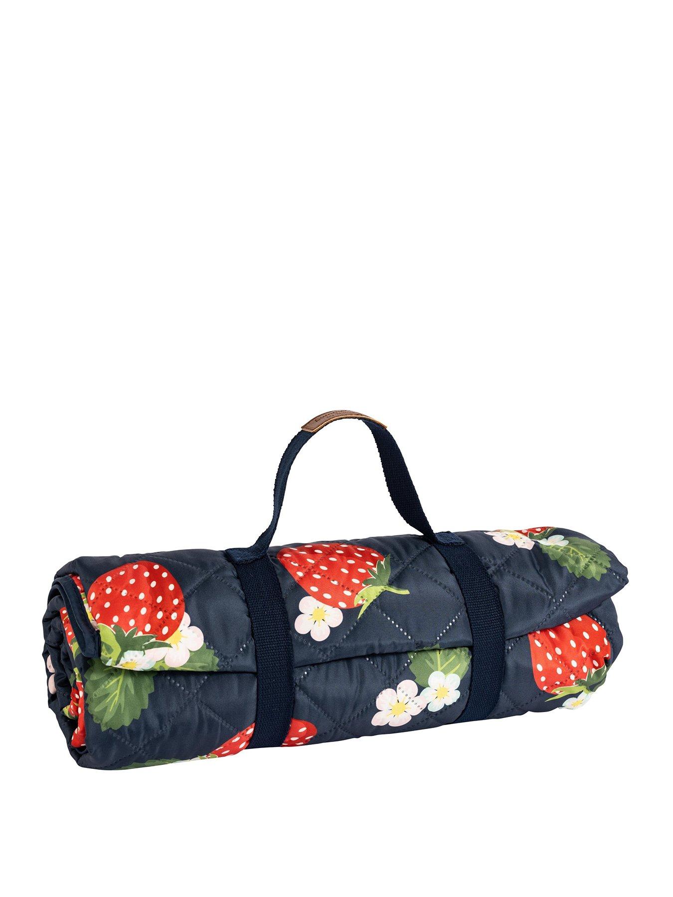 Image 1 of 5 of Summerhouse by Navigate Strawberries &amp; Cream Extra Large Quilted Picnic Blanket with Carry Handle - Navy