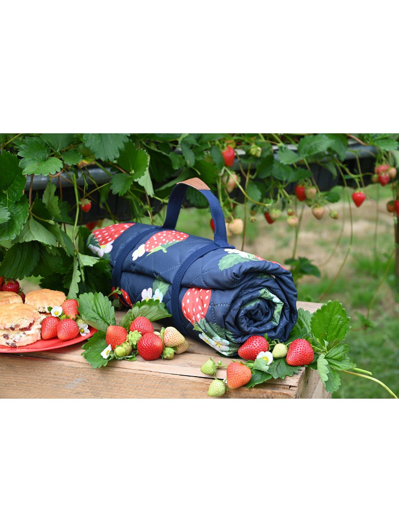 Image 4 of 5 of Summerhouse by Navigate Strawberries &amp; Cream Extra Large Quilted Picnic Blanket with Carry Handle - Navy
