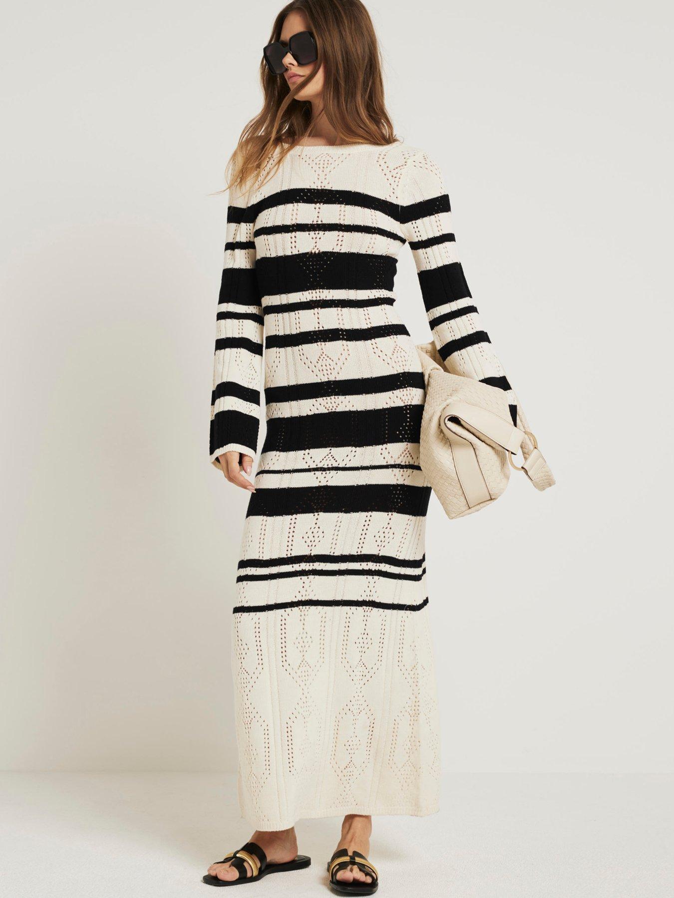 River Island Knitted Stripe Maxi Dress Cream Uk 2448