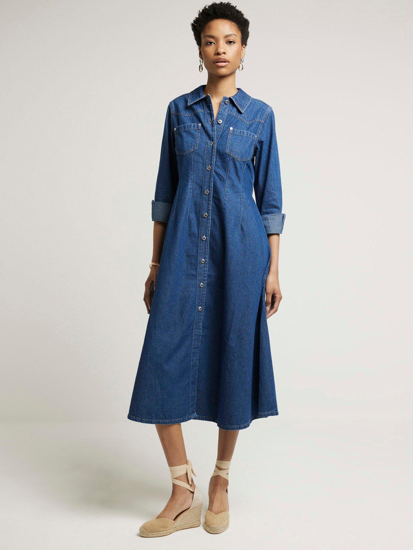 River Island Darted Denim Shirt Dress - Medium Denim | Very.co.uk