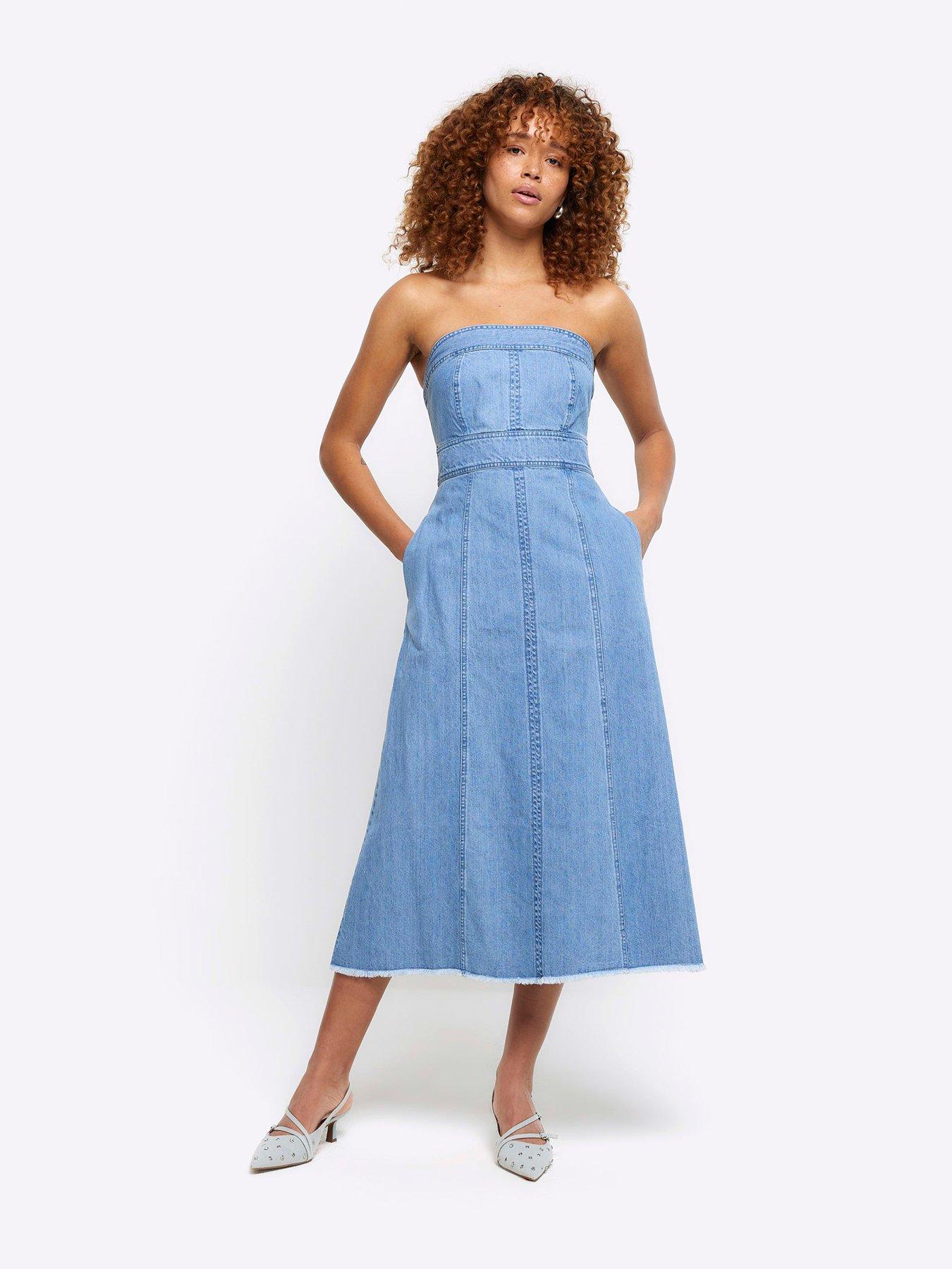 River island blue belted midi clearance denim dress