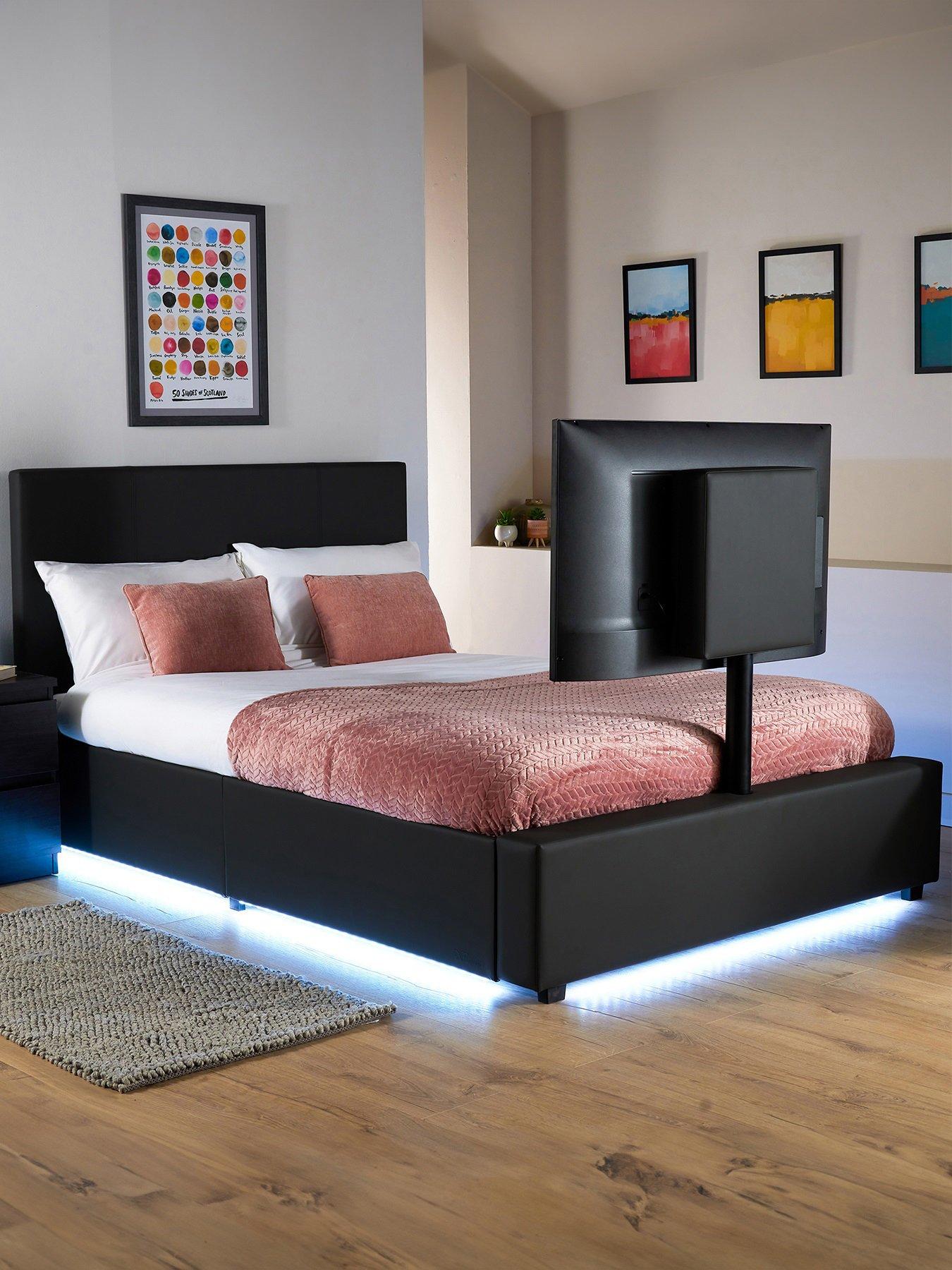 Product photograph of Xr Living Ava Upholstered Tv Bed With Under Bed Lighting - Fits Up To 55 Inch Tv - Black - King from very.co.uk