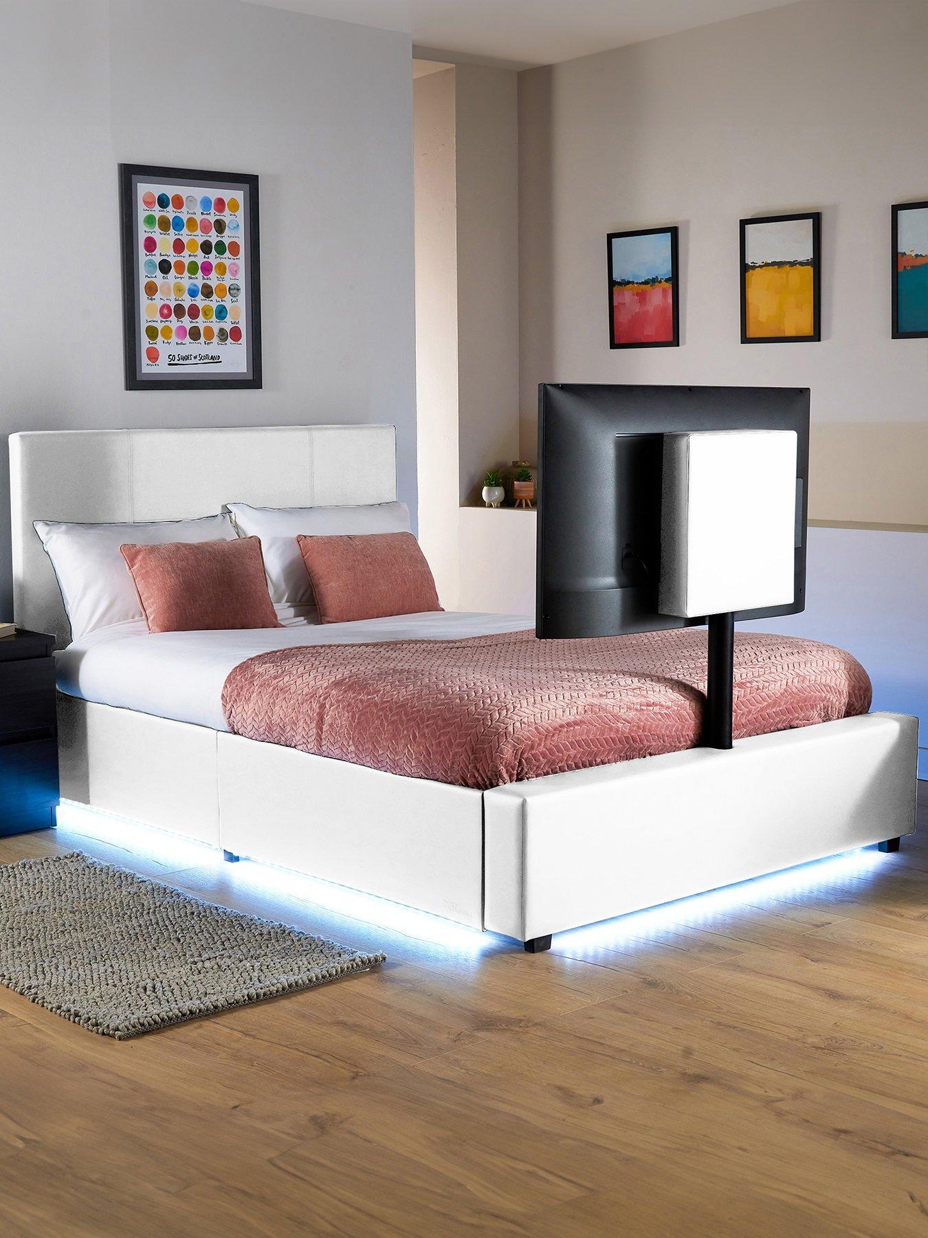 Product photograph of Xr Living Ava Upholstered Tv Bed With Under Bed Lighting - Fits Up To 55 Inch Tv - White - Double from very.co.uk