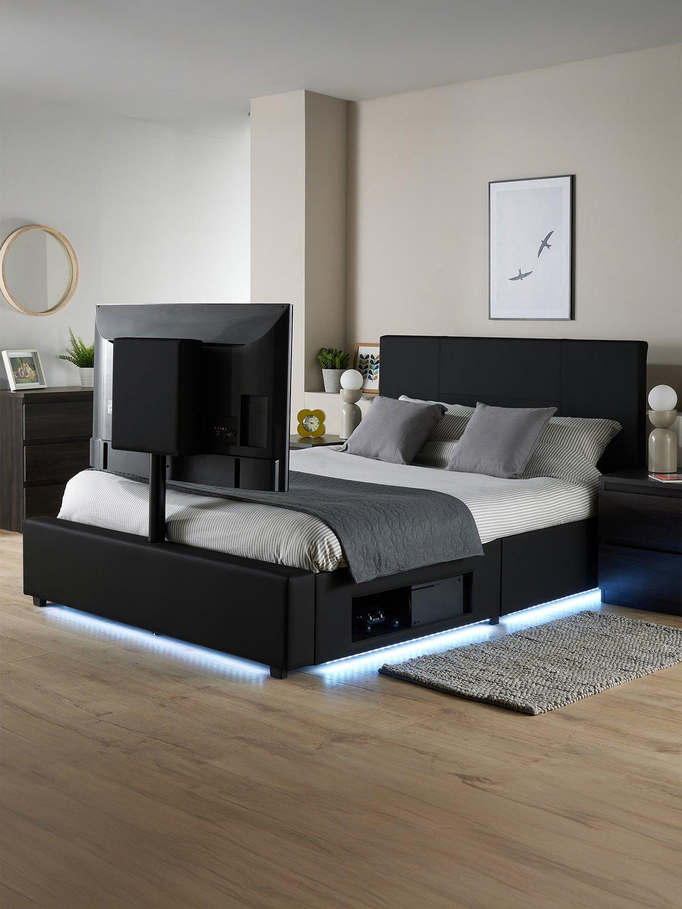XR Living Ava Faux Leather King Size TV Bed Frame with Underbed LED Lighting - fits up to 55 inch TV - Black