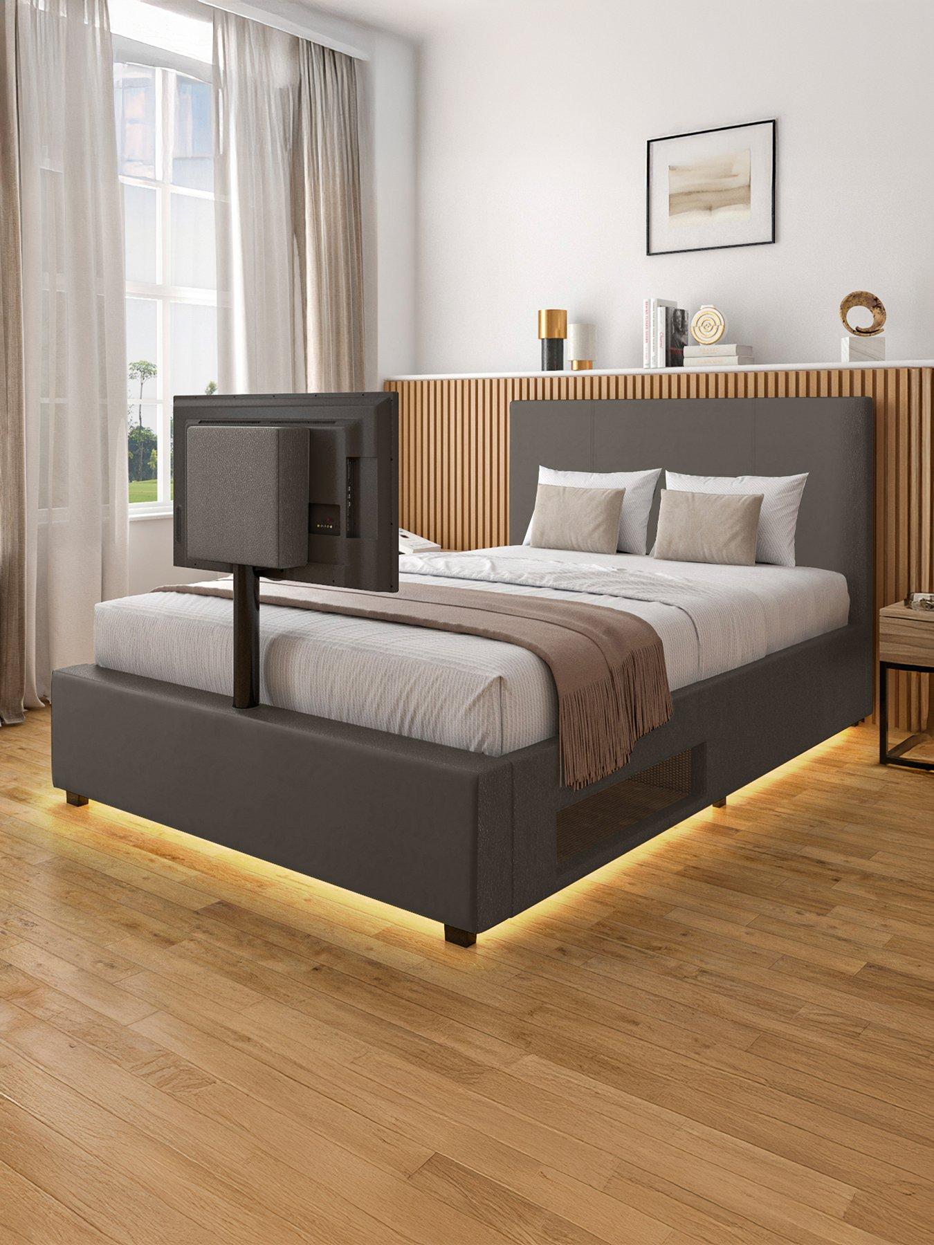 Product photograph of Xr Living Ava Upholstered Tv Bed With Under Bed Lighting - Fits Up To 55 Inch Tv - Grey - Double from very.co.uk