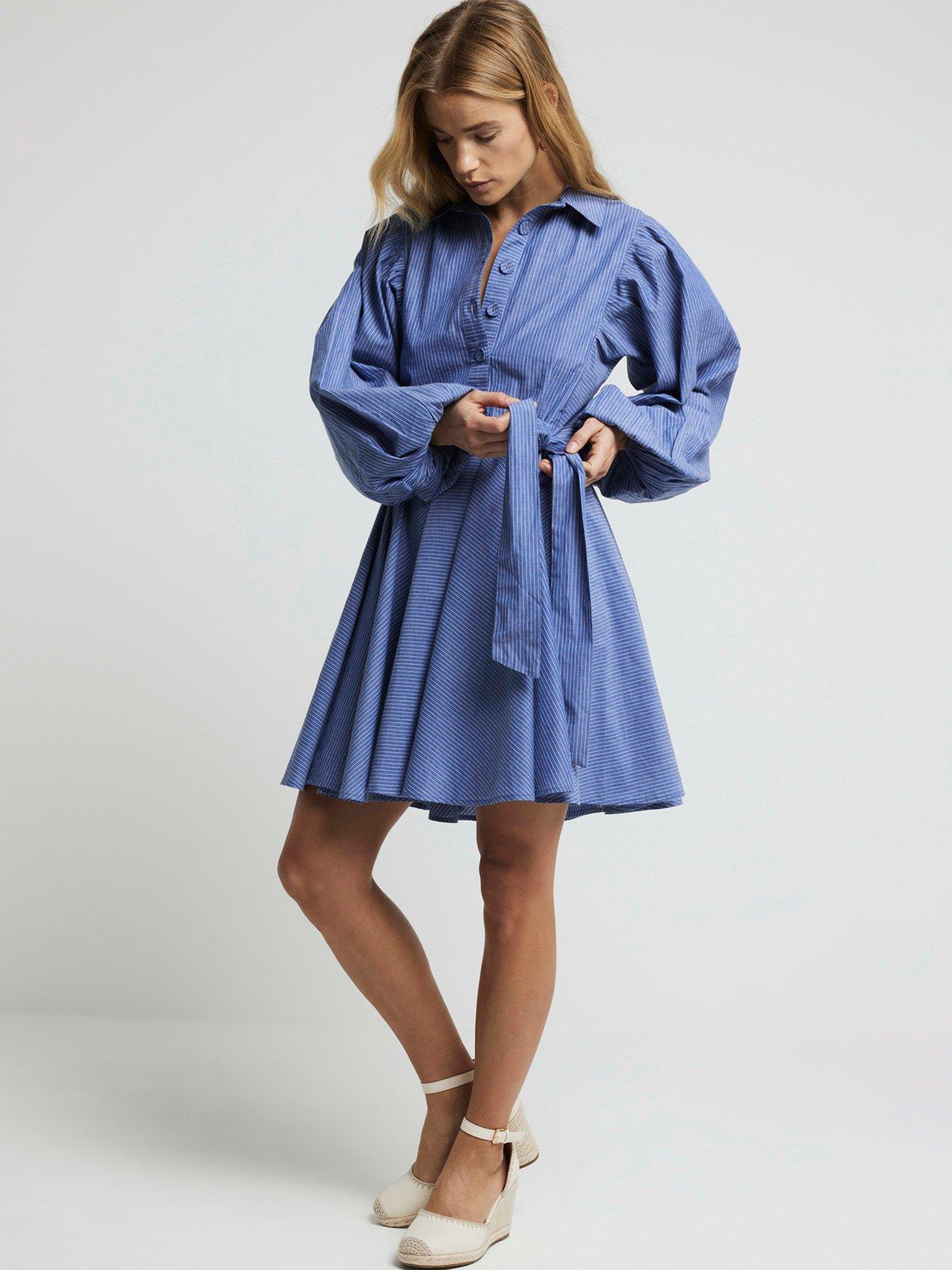 Image 1 of 5 of River Island Batwing Belted Shirt Dress - Dark Blue
