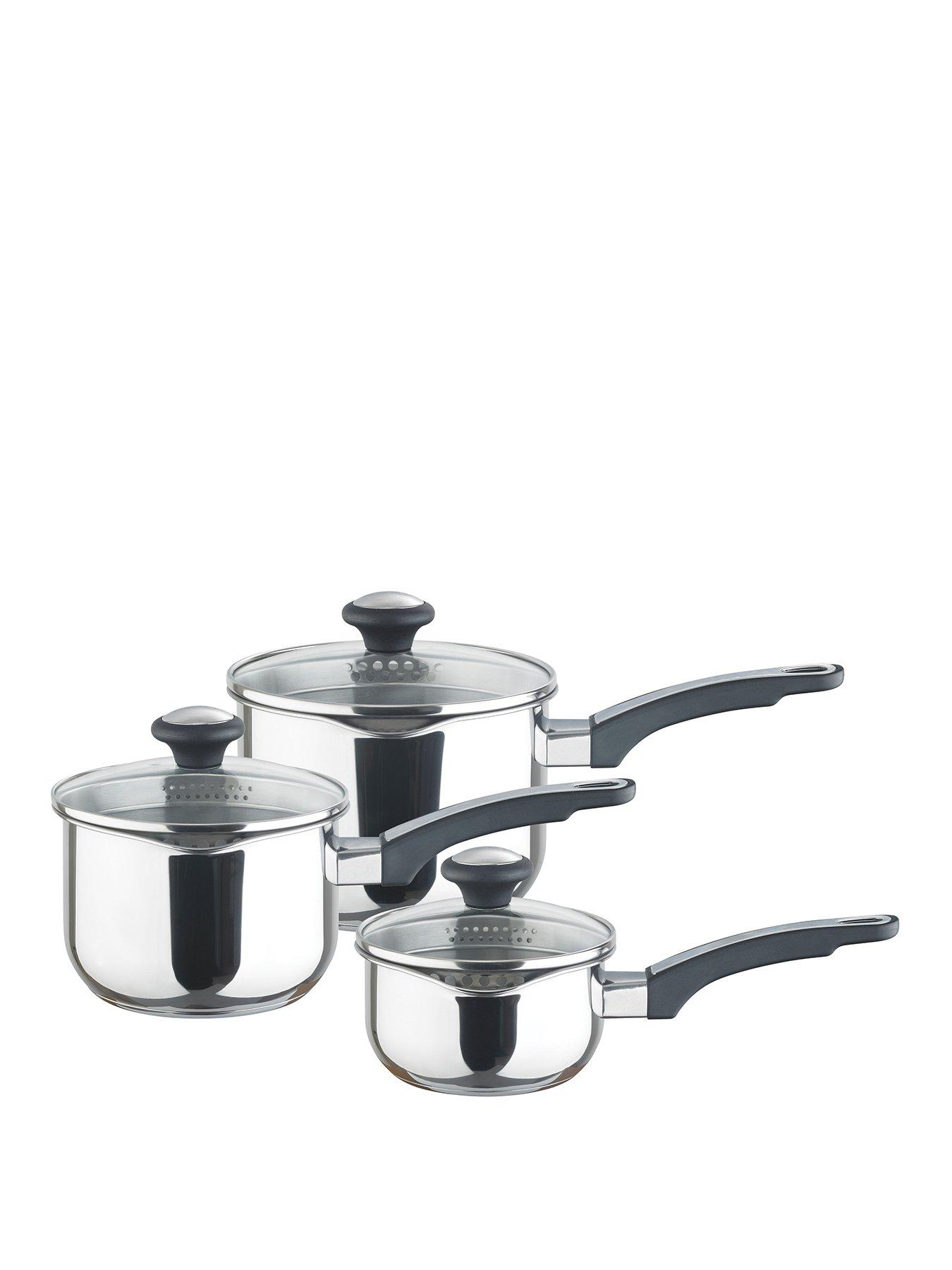 Product photograph of Prestige Everyday Cook And Strain Stainless Steel 3-piece Saucepan Set from very.co.uk