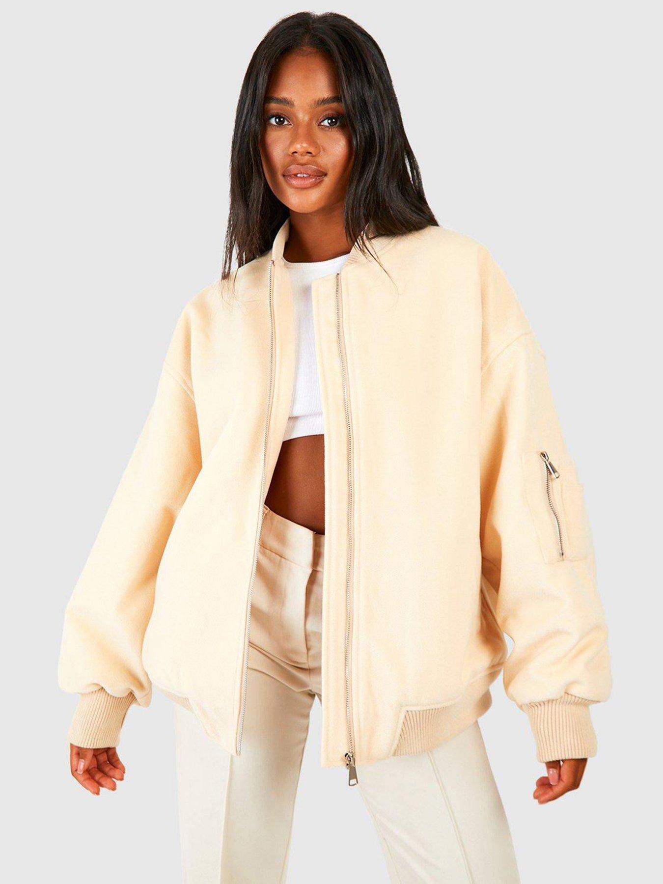 Boohoo Oversized Wool Look Bomber Jacket - Cream