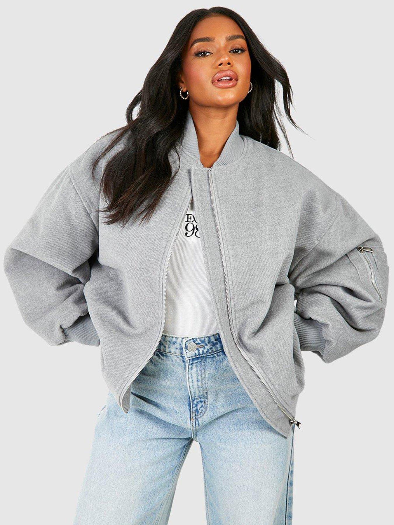 Oversized Wool Look Bomber Jacket Grey