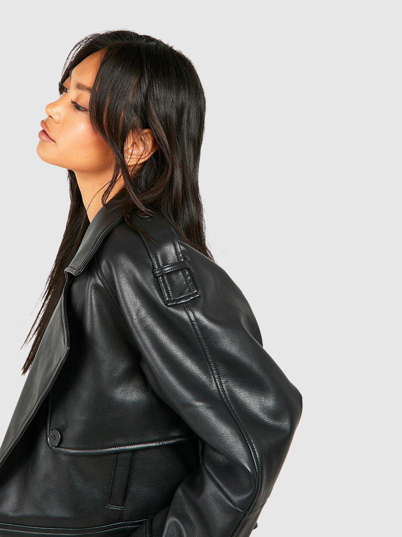 Boohoo Cropped Faux Leather Biker Trench Coat - Black | Very.co.uk