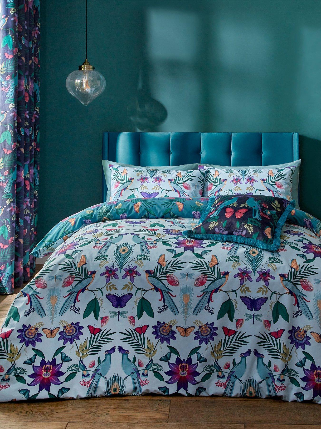 Product photograph of Catherine Lansfield Mya Tropical Birds Duvet Cover Set - Duck Egg Blue from very.co.uk