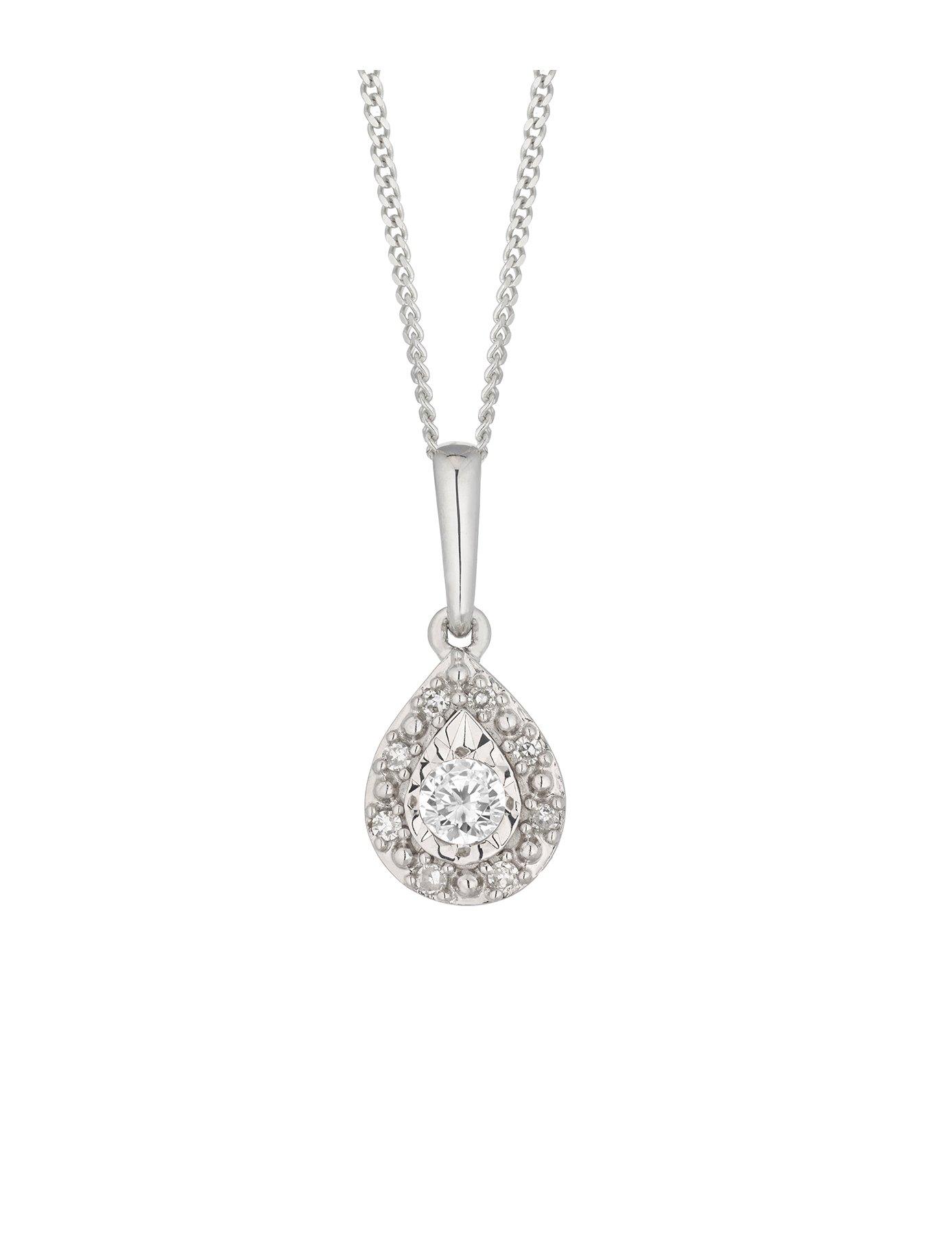 H. Samuel 9ct White Gold Pear 0.10ct Total Diamond Halo Pendant Very