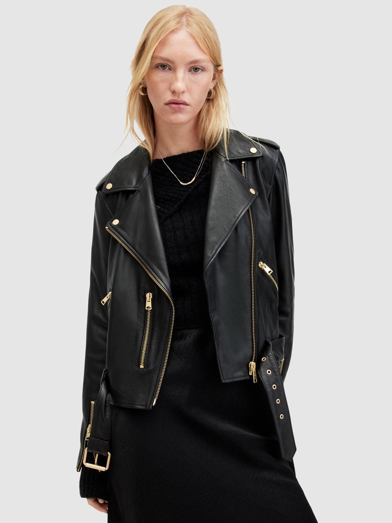 undefined Relaxed Fit Balfern Belted Hem Leather Biker Jacket - Black