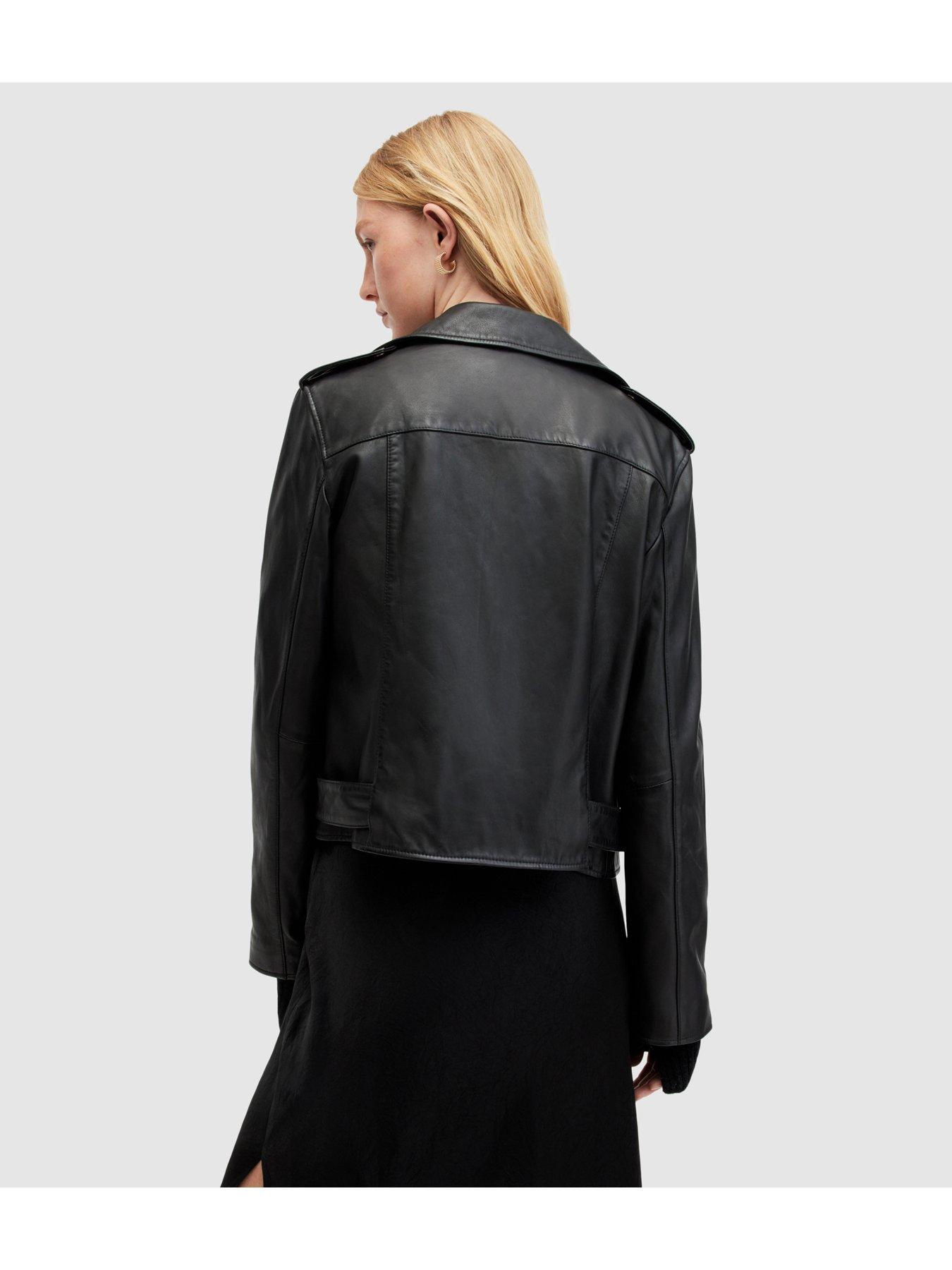 Image 2 of 6 of AllSaints Relaxed Fit&nbsp;Balfern Belted Hem Leather&nbsp;Biker Jacket - Black