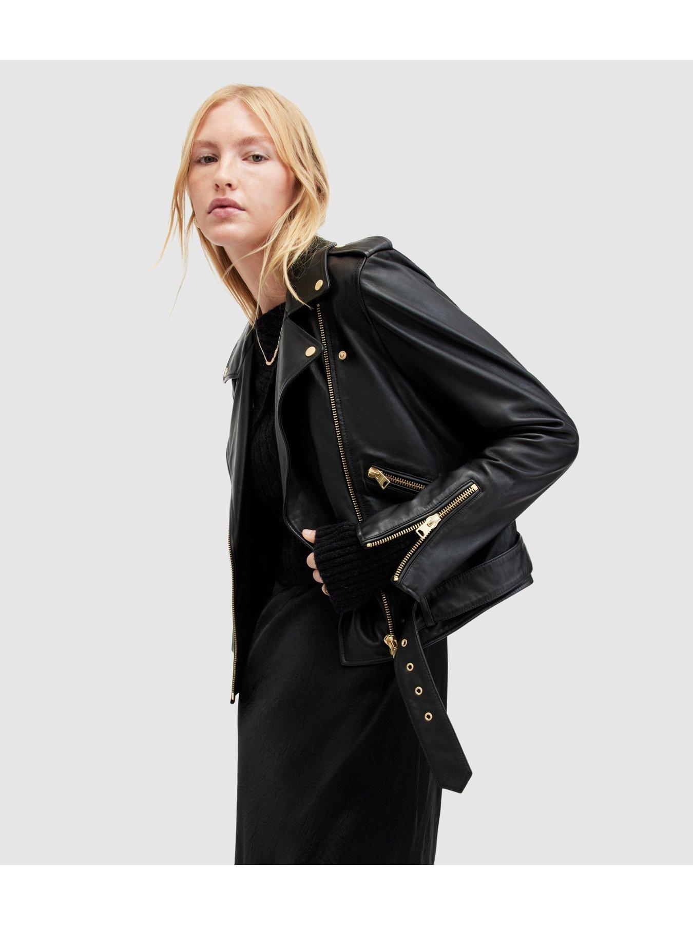 Image 4 of 6 of AllSaints Relaxed Fit&nbsp;Balfern Belted Hem Leather&nbsp;Biker Jacket - Black