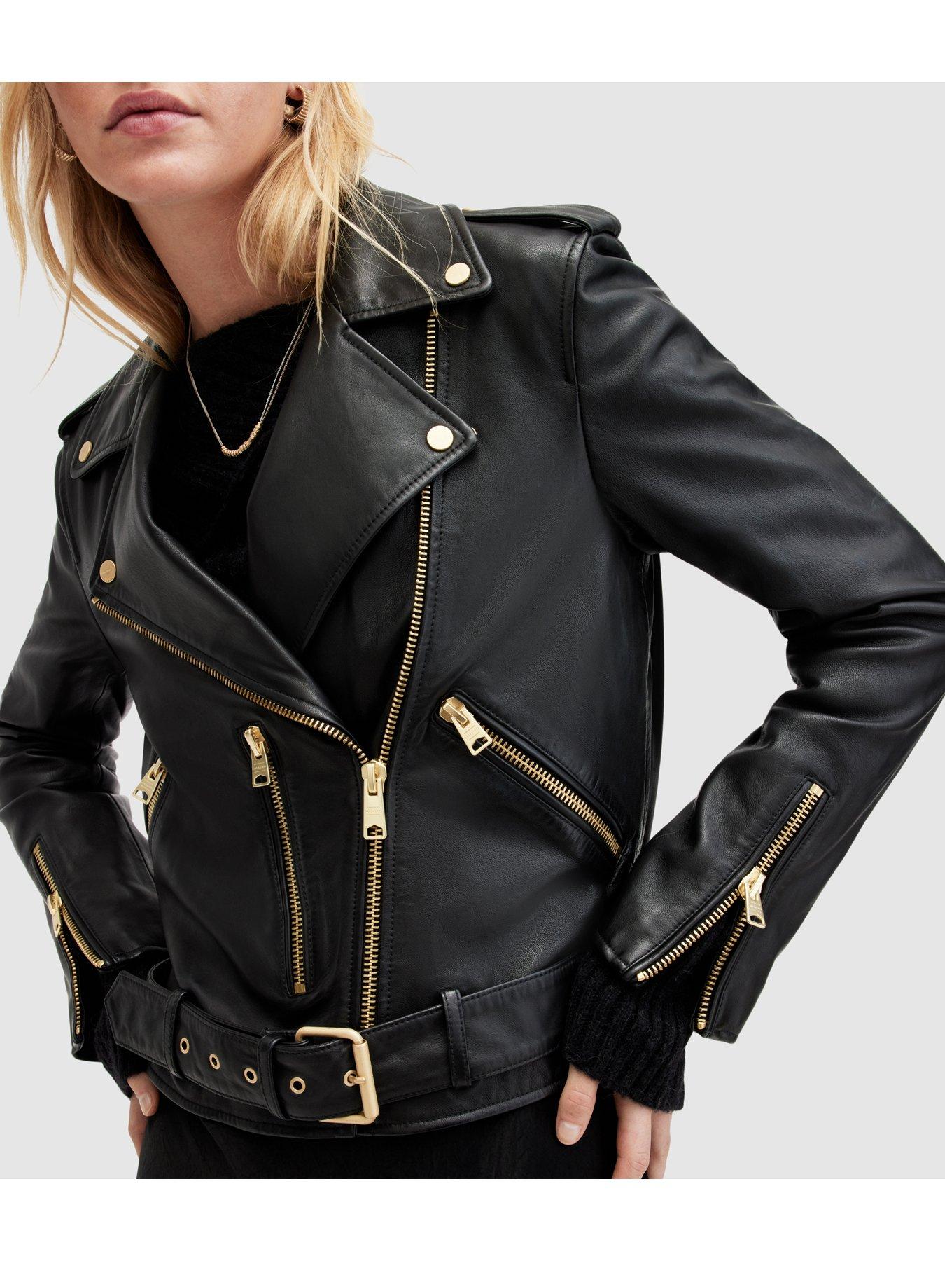 Image 5 of 6 of AllSaints Relaxed Fit&nbsp;Balfern Belted Hem Leather&nbsp;Biker Jacket - Black