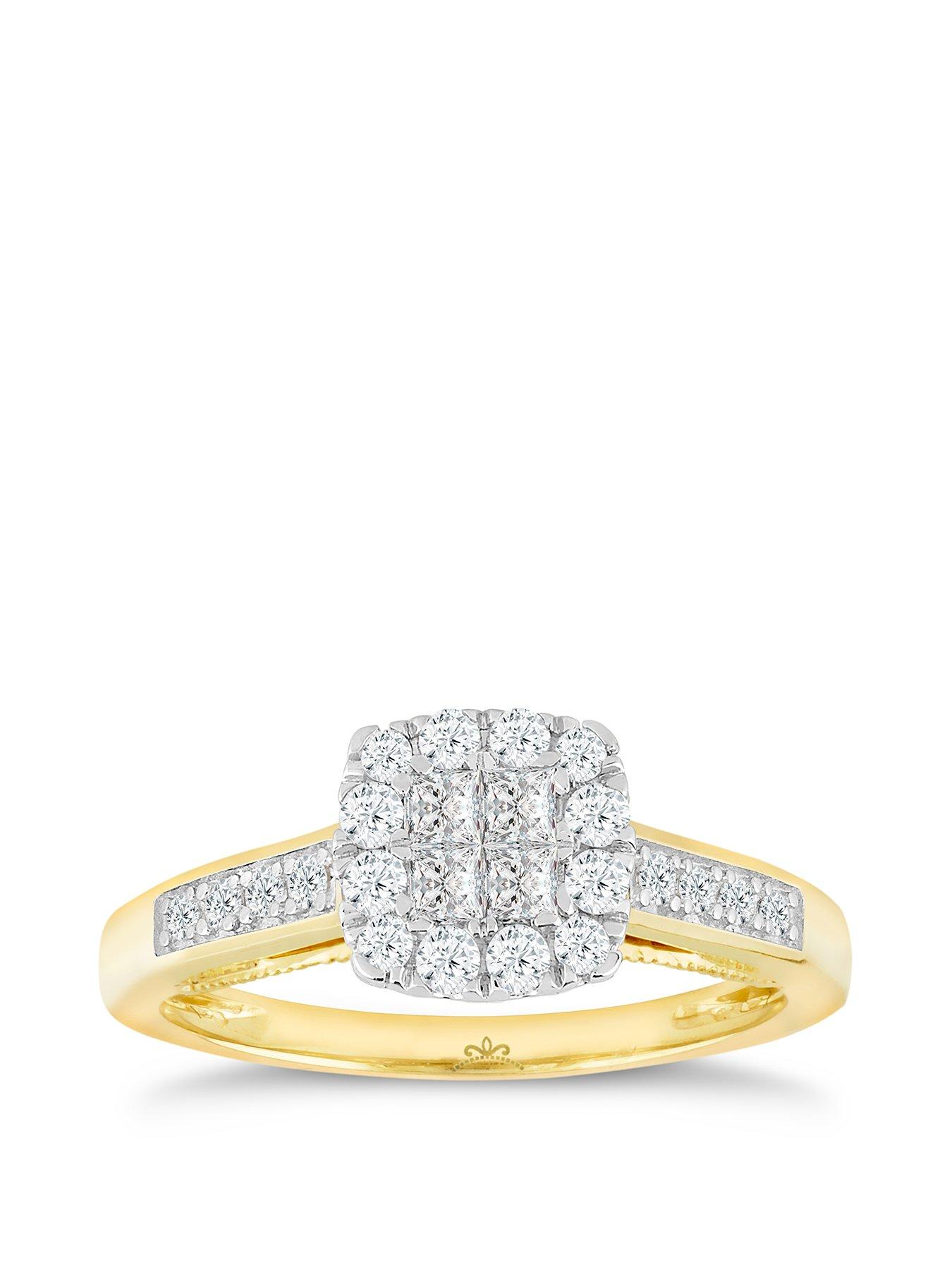 H. Samuel Princessa 9ct Yellow Gold Engagement Ring. 0.50ct Diamond Cluster Ring