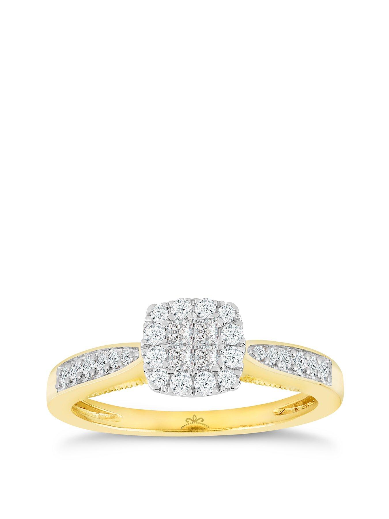 H. Samuel Princessa 9ct Yellow Gold Engagement Ring. 0.33ct Diamond Cluster Ring