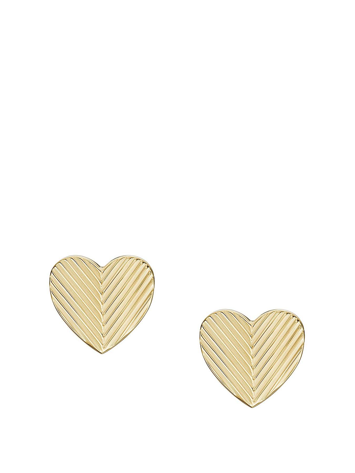 Product photograph of Fossil Harlow Linear Texture Heart Gold-tone Stainless Steel Stud Earrings from very.co.uk