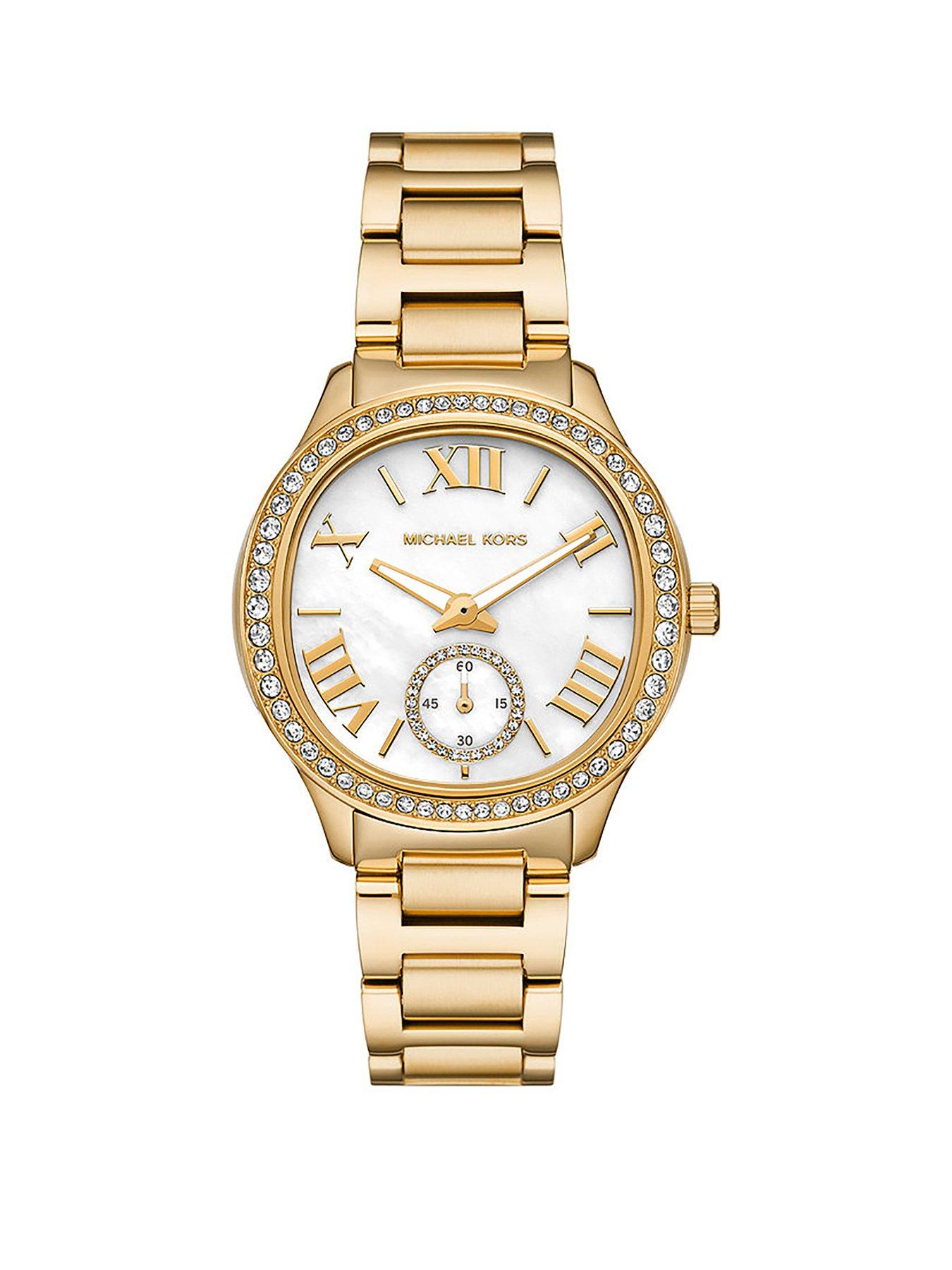 Product photograph of Michael Kors Sage Three-hand Gold-tone Stainless Steel Watch from very.co.uk