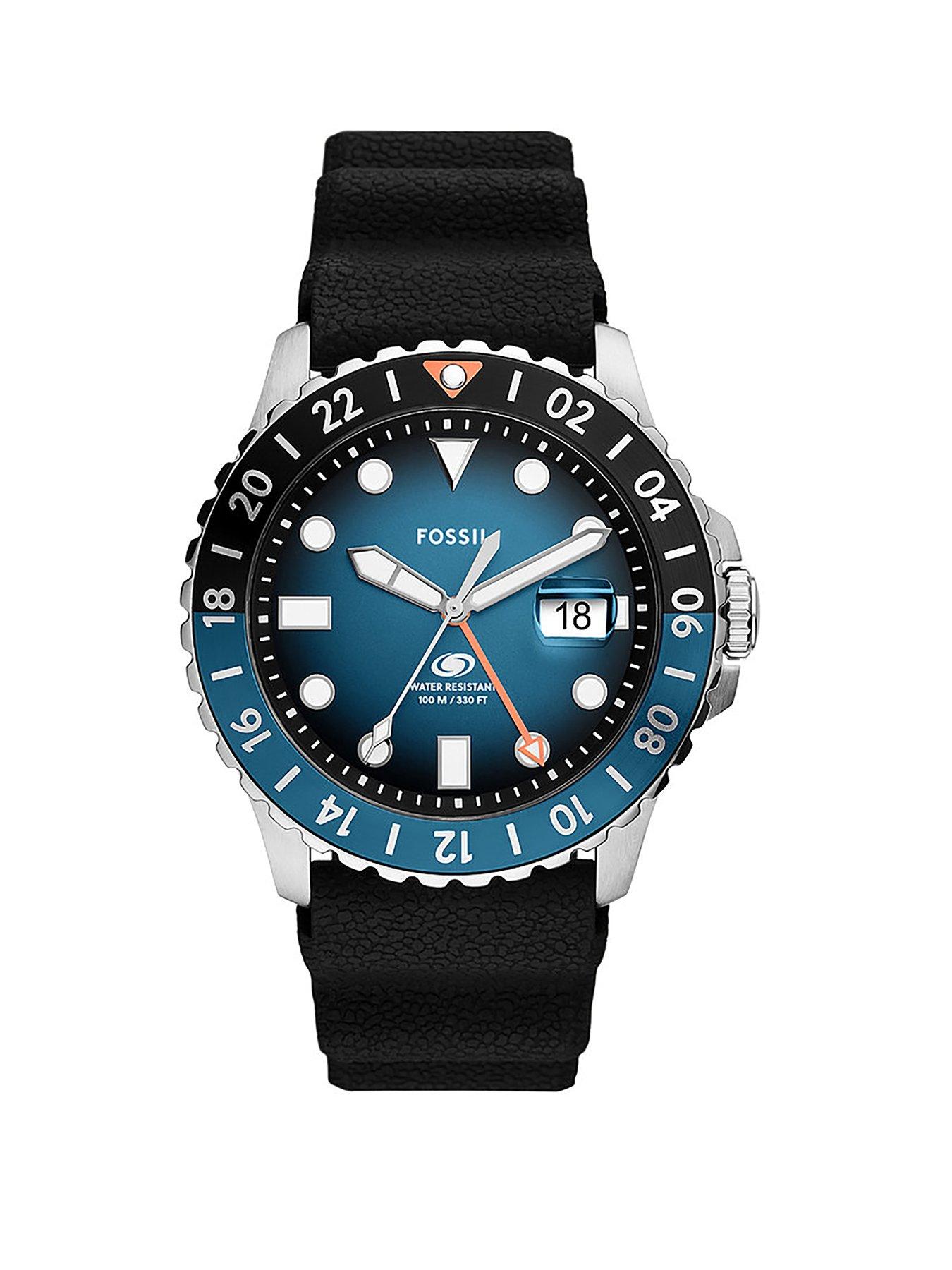 Product photograph of Fossil Blue Gmt Black Silicone Watch from very.co.uk