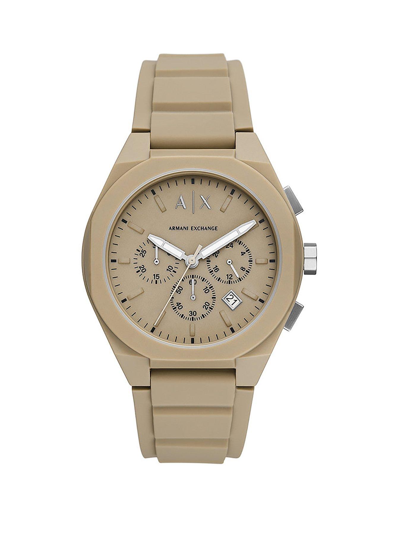 Product photograph of Armani Exchange Chronograph Brown Silicone Watch from very.co.uk